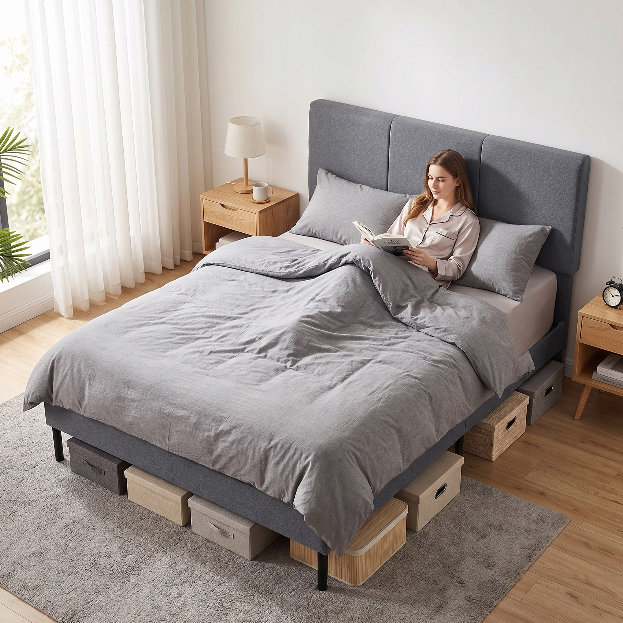 Bettgestell 140 x 200 cm mit verstellbarem Kopfteil, gepolstertes Bett in Leinenoptik mit 12 Latten