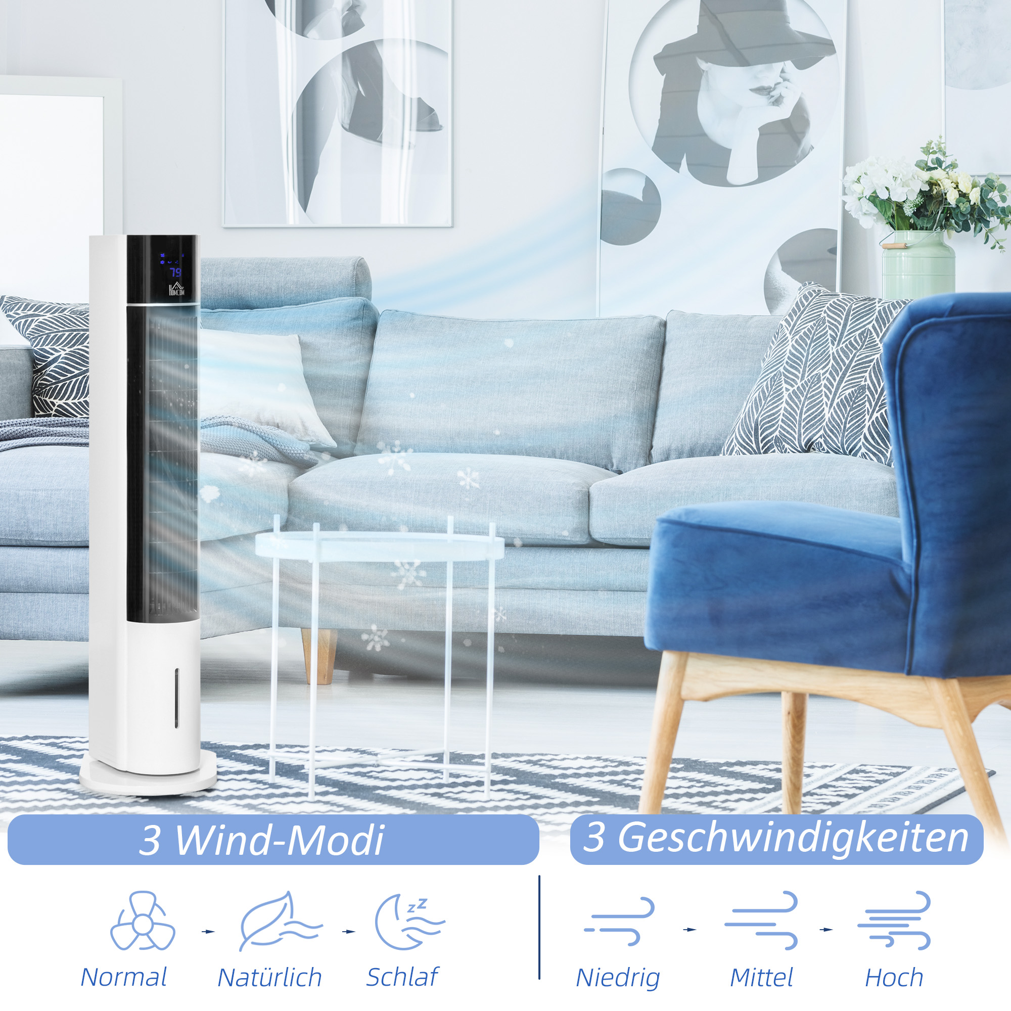 Säulenventilator, Klimaanlage in Säulenform, um 52 Grad drehbar, leiser Betrieb, 3 Betriebsmodi, 3 Geschwindigkeiten
