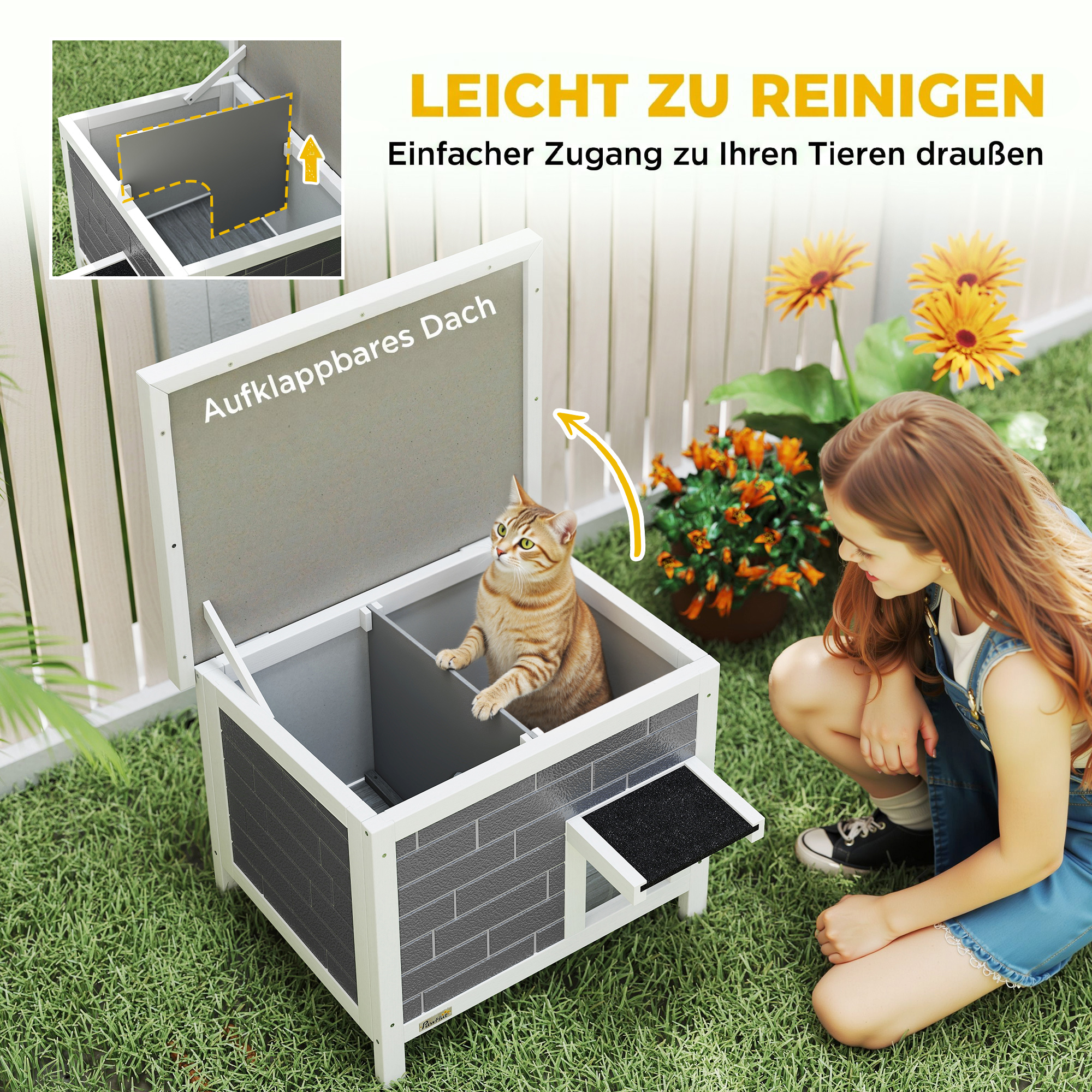 Katzenhaus Wetterfeste Katzenhütte aus Holz mit aufklappbarem Dach Aluminium-Isolierplatten Asphaltdach 61x51x53,5 cm