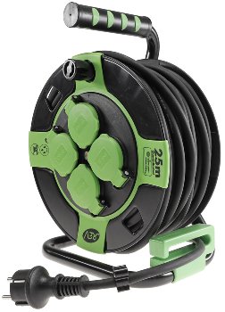 Kunststoff-Kabeltrommel, 25m Kabel, IP44 / H05RR-F 3G1,5mm², schwarze Gummileitung