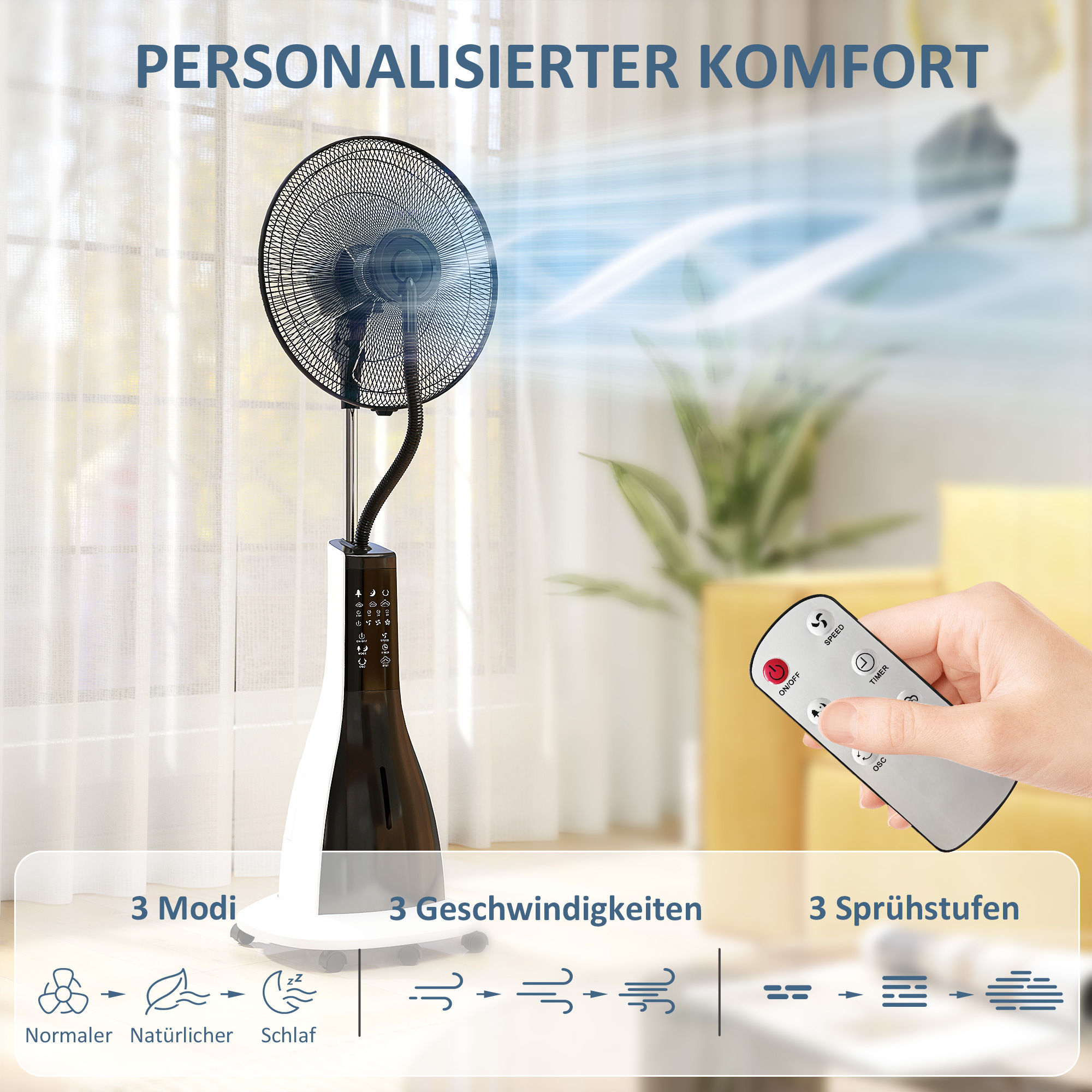 Ventilator mit Sprühnebel-Funktion, 75 Grad drehbar, 3 Geschwindigkeiten, 3 Modi, 3-Liter-Wassertank, Schwarz+Weiß