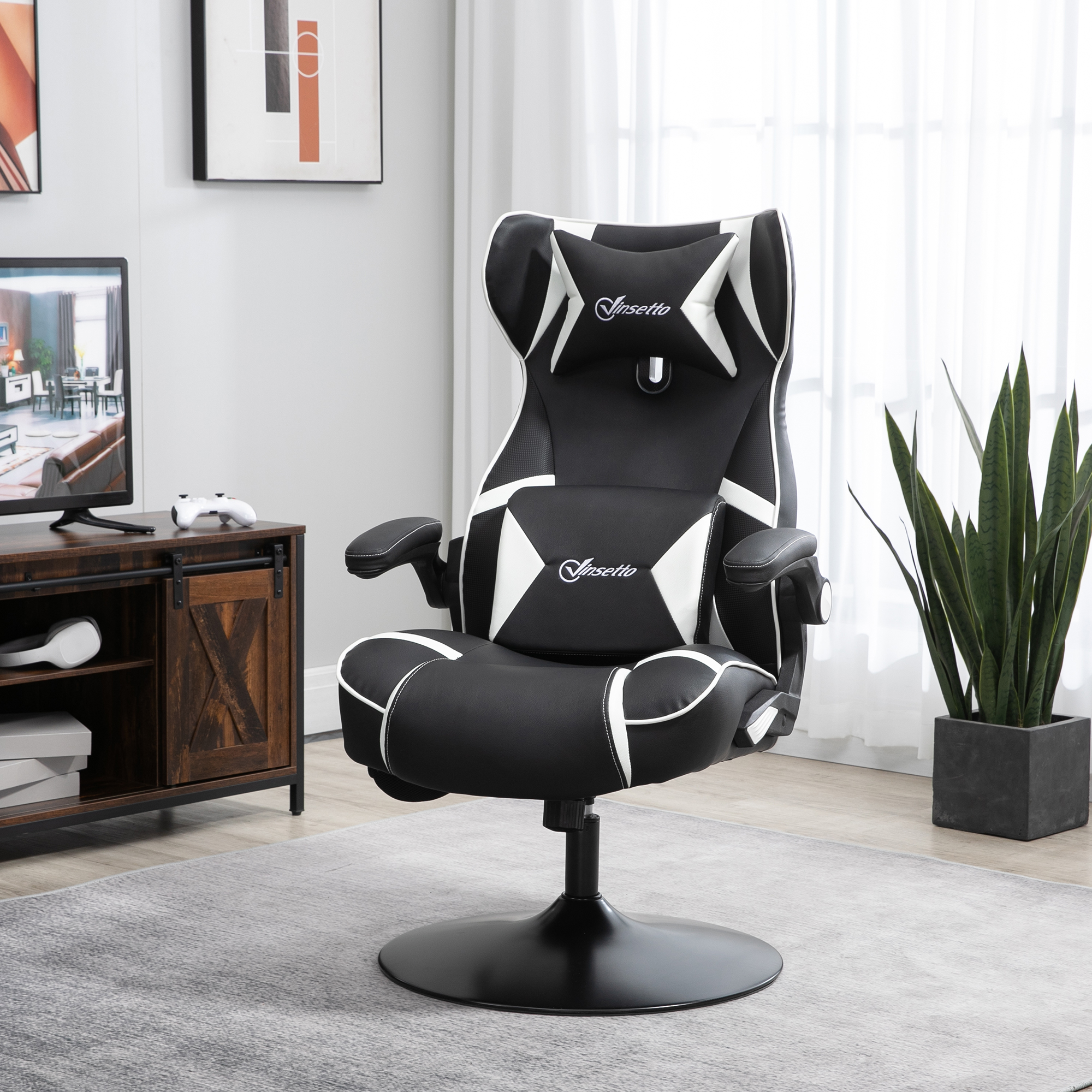 Gamingsessel, Gamingstuhl, integrierte Lautsprecher, neigbare Rücklehne, schwarz+weiß, 69 x 73 x 118cm