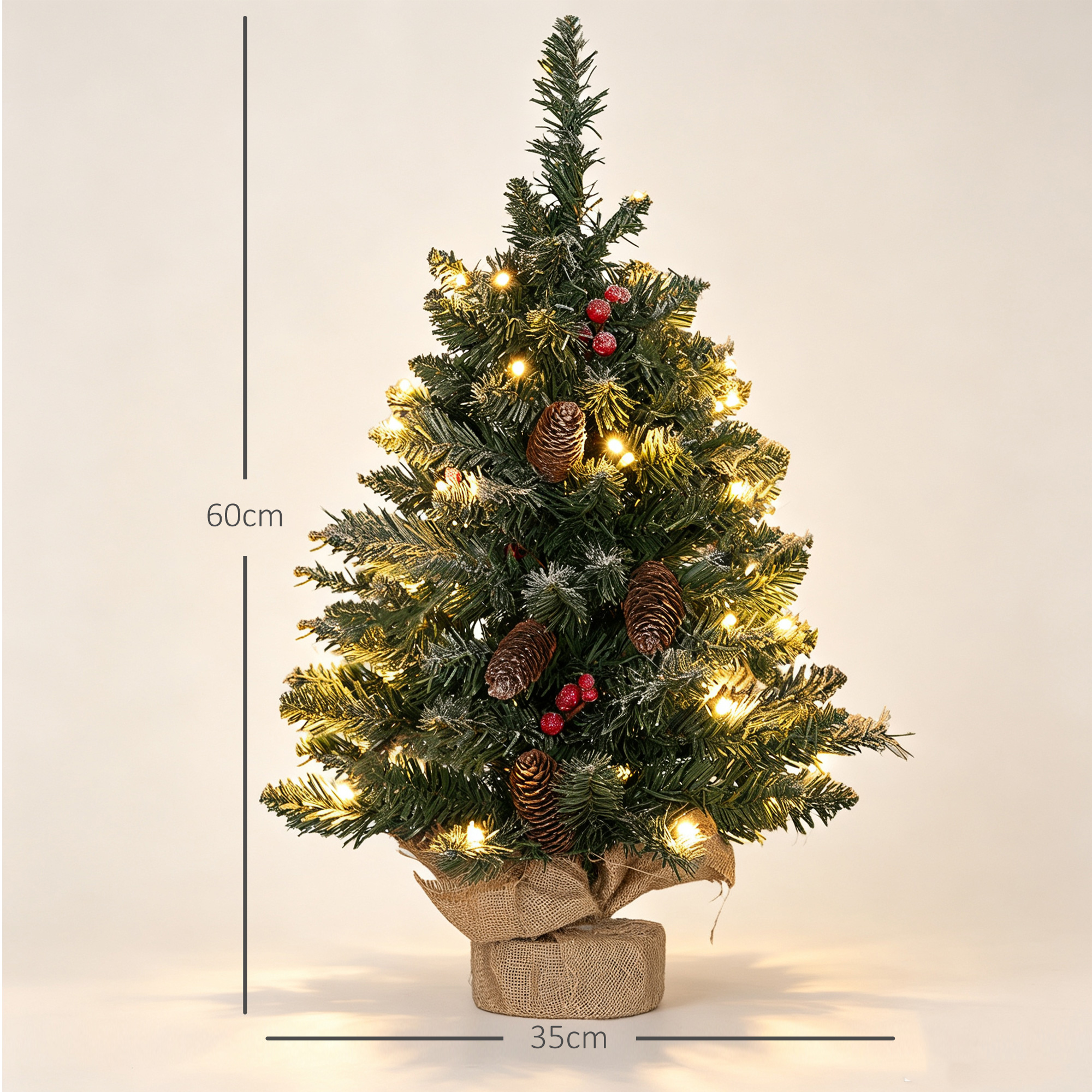 Weihnachtsbaum mit LED-Beleuchtung, 60 cm, Tannenzapfen und rote Beeren, inkl. Ständer, Grün/Weiß