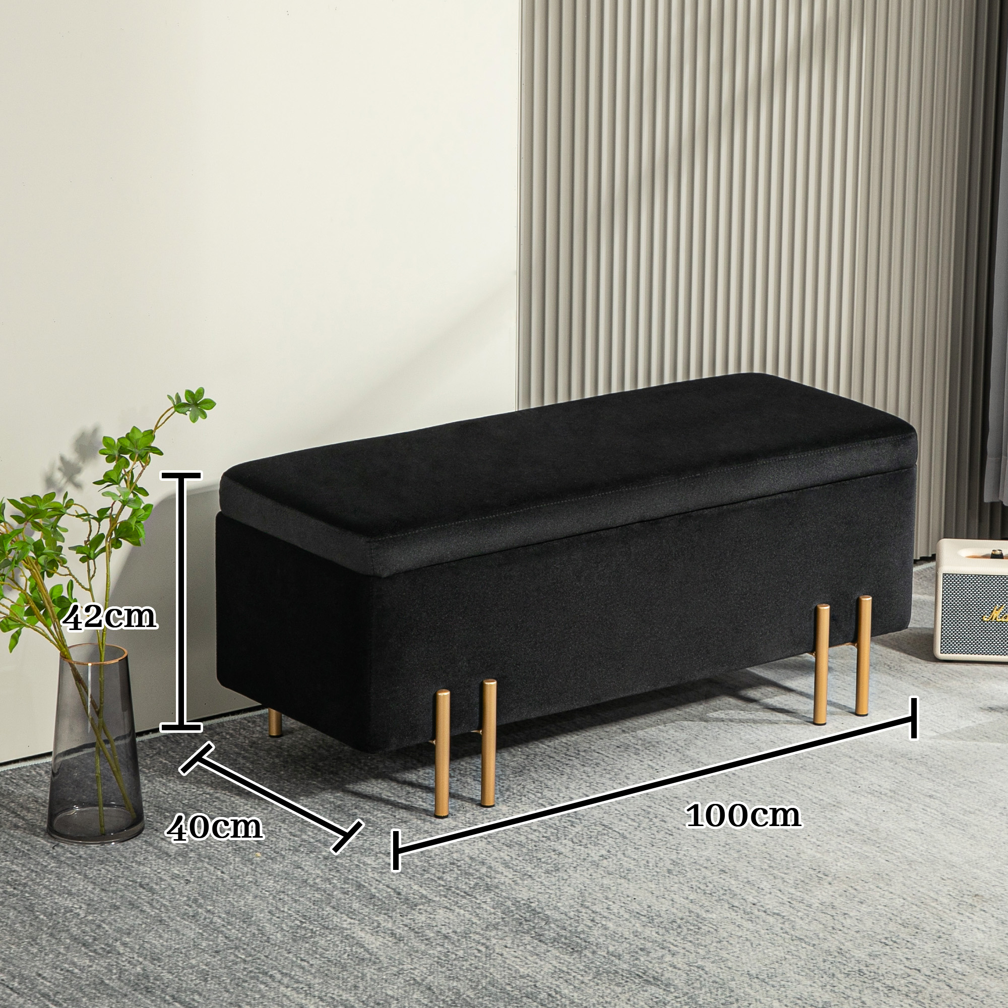Sitzbank, Polsterbank mit Stauraum, Metall, Kautschukholz, Schaumstoff, 100 x 40 x 42 cm, Schwarz