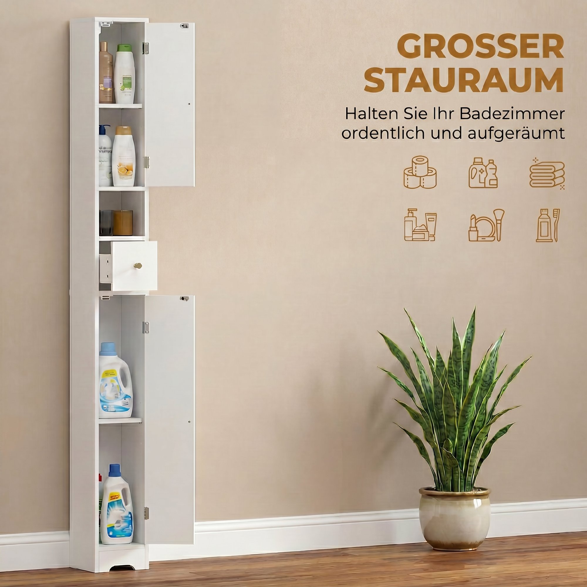 Badezimmerschrank schmaler Badschrank mit Schublade gewölbten Türen offenem Fach verstellbare Ablage 20x20x185 cm Weiß