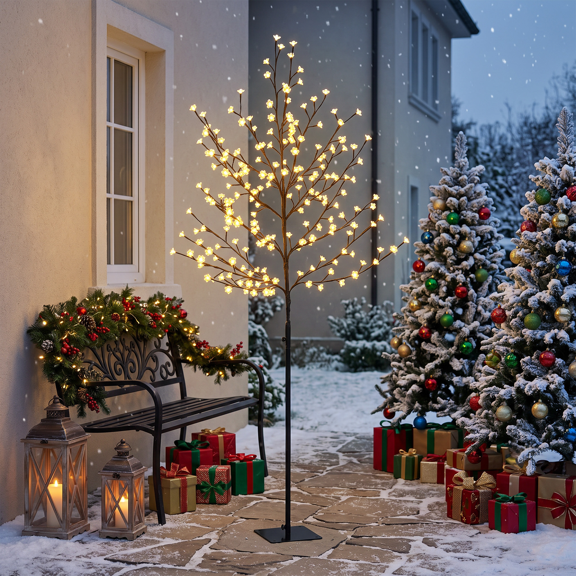 LED-Kirschblütenbaum 180 cm mit 200 LEDs, künstlicher Leuchtbaum mit 20 biegsamen Zweigen, Weihnachtsdeko