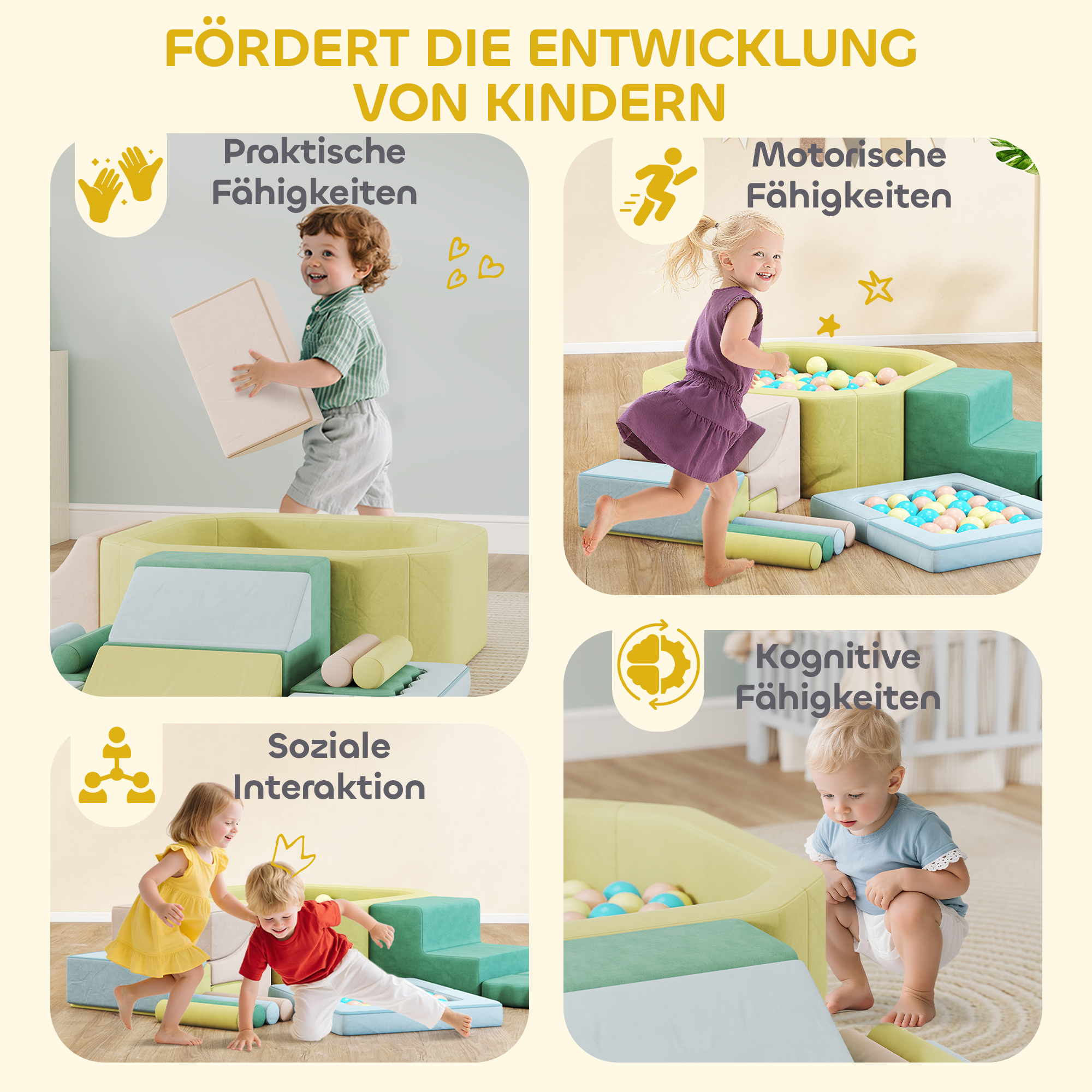15-teiliges Softbaustein-Set, 200 Kunststoff-Bälle, Bällebad für Kleinkinder, Indoor, Schaumstoff, Bunt