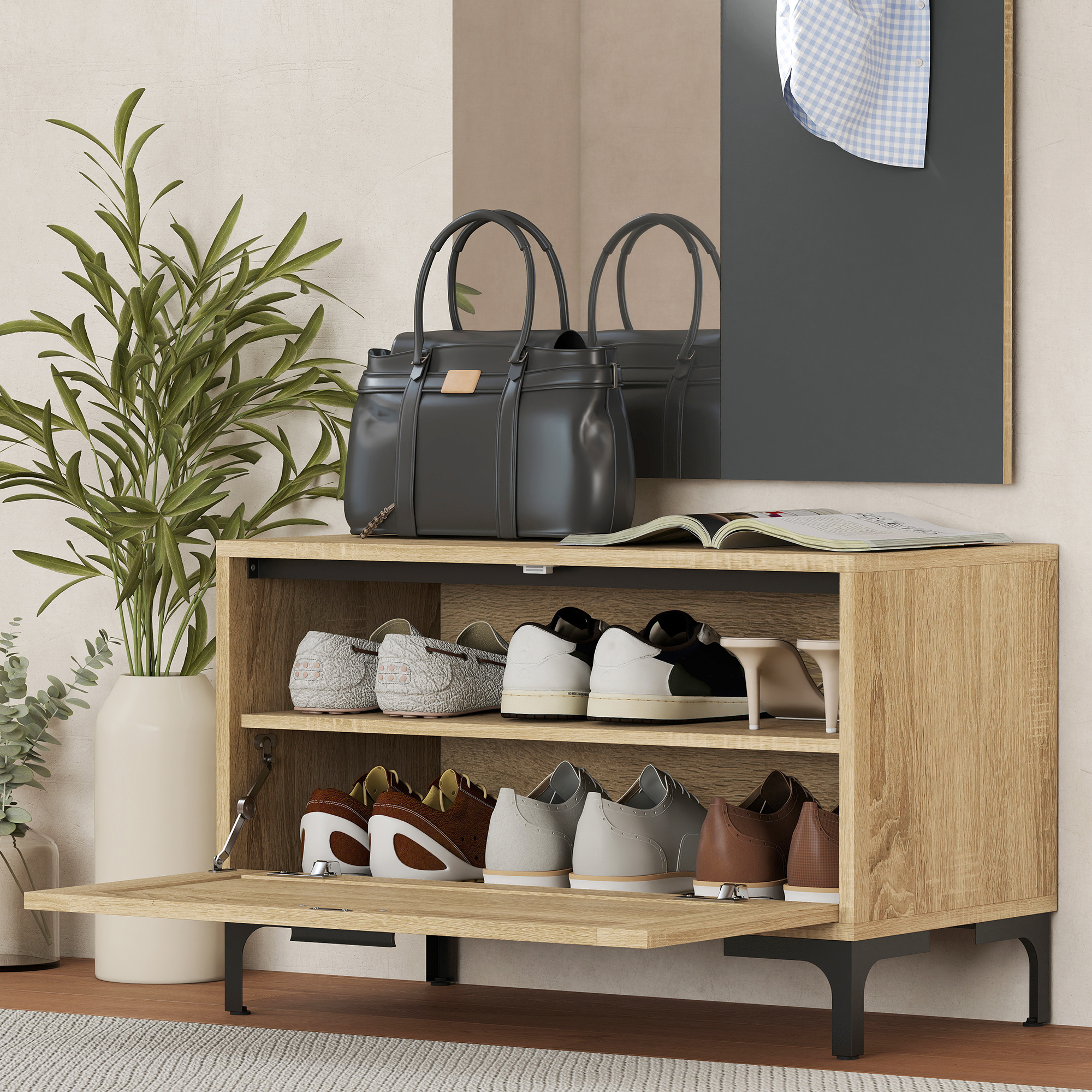 Garderobenset für Eingangsbereich, Schuhbank, Spiegel, 3 Haken, Offenes Regal, Flurmöbel, Naturholz+Grau