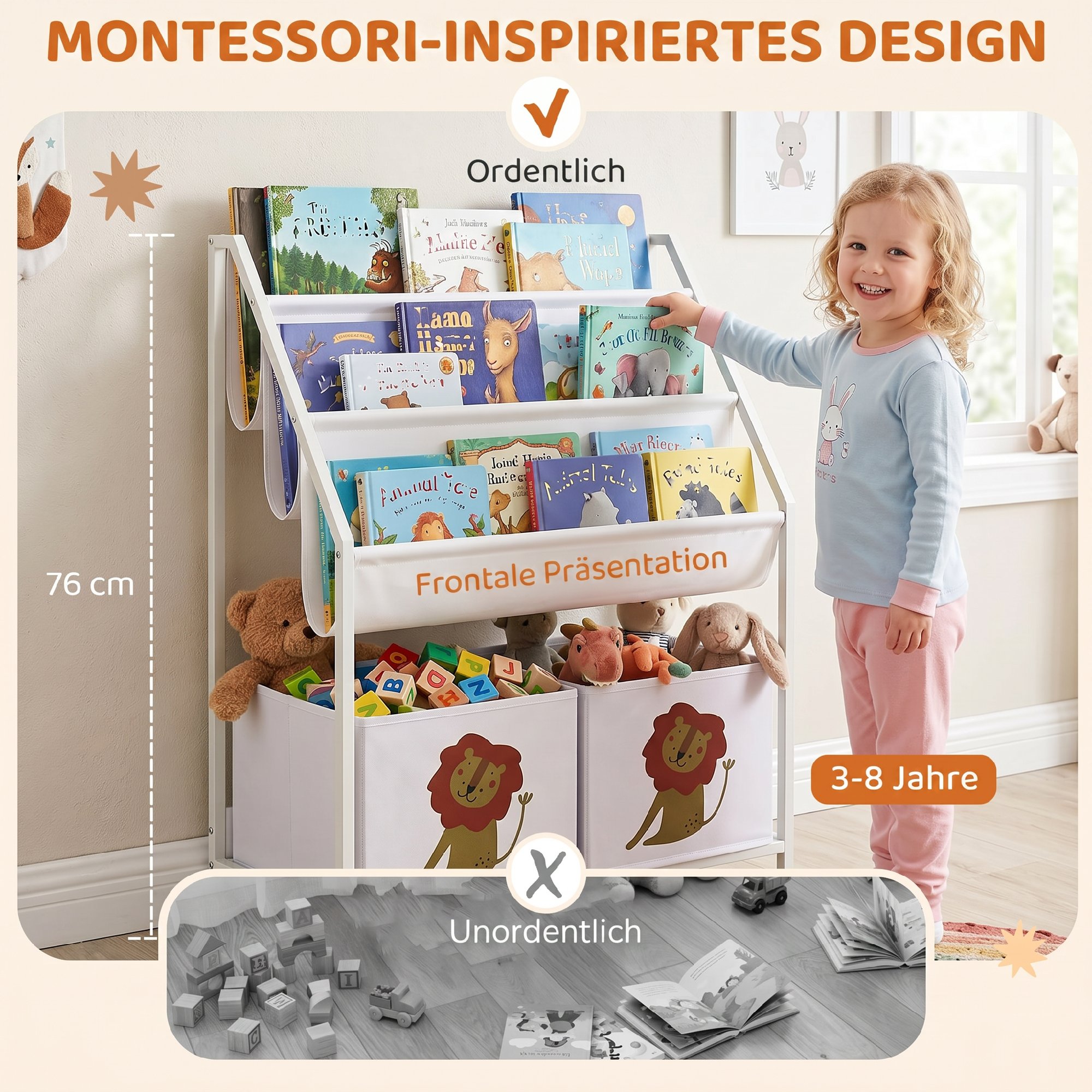 Bücherregal für Kinder Kinderregal mit 2 offenen Fächer 3 Hängeregale 60 x 30 x 76 cm Weiß