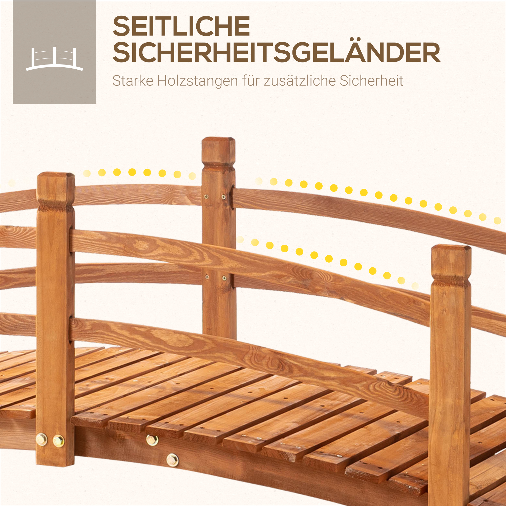Gartenbrücke 1,85 m Holzbrücke begehbar Holzsteg Teichbrücke Zierbrücke mit Geländer bis 200 kg Massivholz Orange