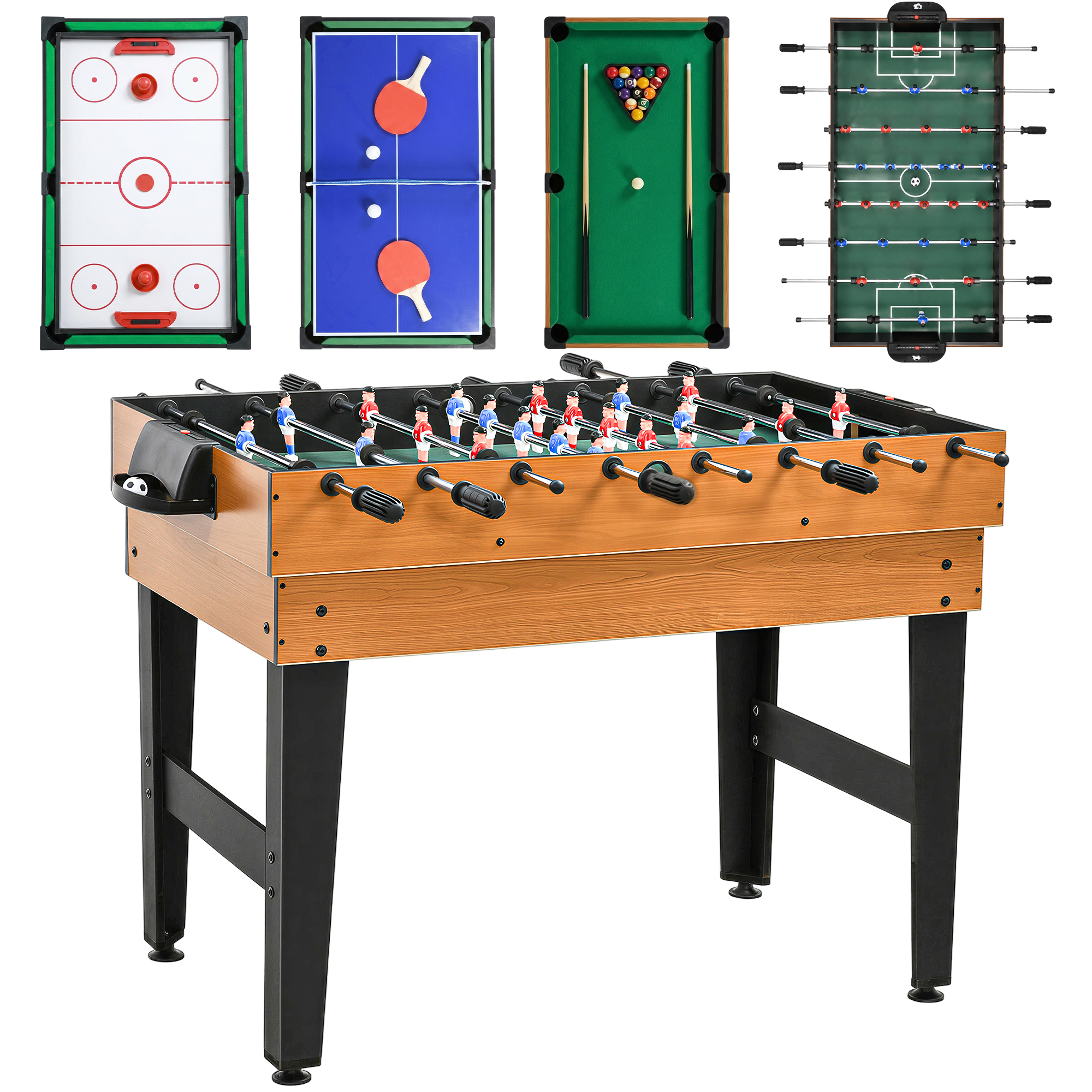 4-in-1 Partyspieltisch inkl. Tischtennis, Kicker, Billard, Tischhockey, Metall, Holz, Natur+Schwarz