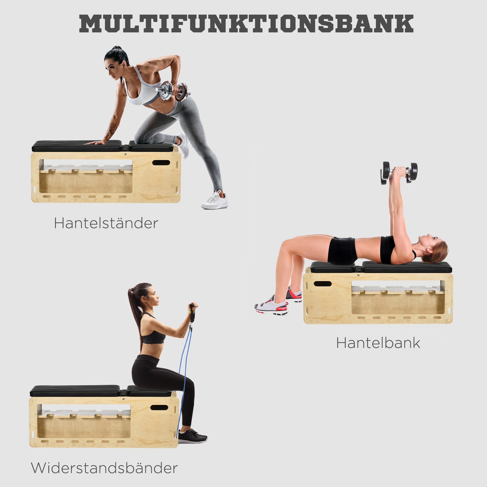 Hantelbank mit Hantelablage, 1 Aufbewahrungskorb, in 6 Positionen verstellbar, Massivholz, Natur + Schwarz
