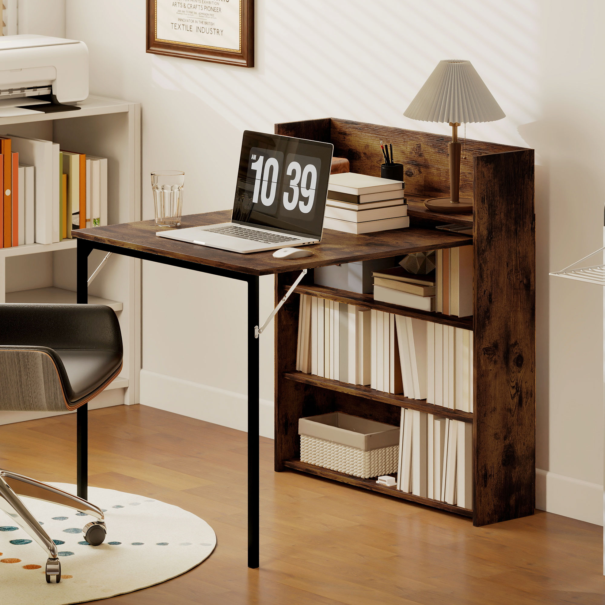 Esstisch Klappbar mit Regal, Industrie-Design, Platzsparend, Für Kleine Räume, 80x90x93cm, Rustikal-Braun