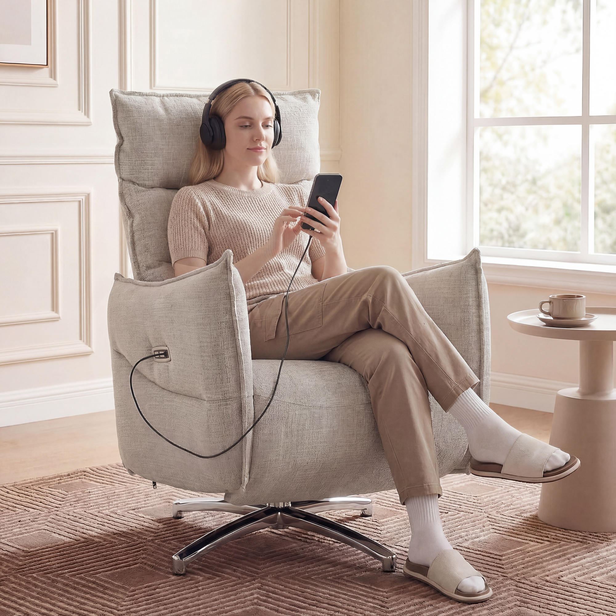 drehbarer elektrischer Relaxsessel für Erwachsene, Sessel mit Leinenoptik-Stoff und Ladeanschlüssen, Beige