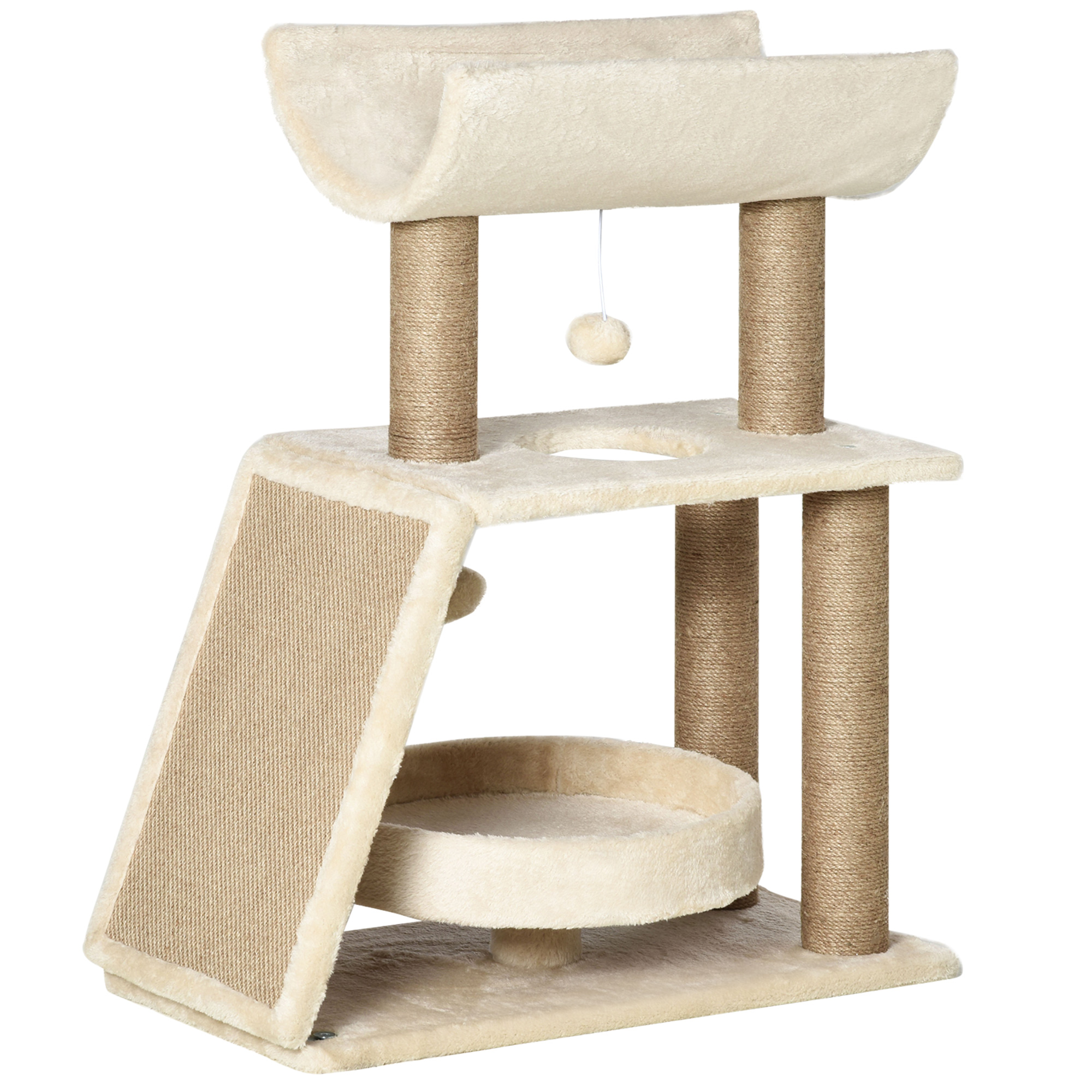 Kratzbaum Katzenbaum, inkl. Spielzeug und Katzenbett, 60 cm x 30 cm x 76 cm, Creme + Natur