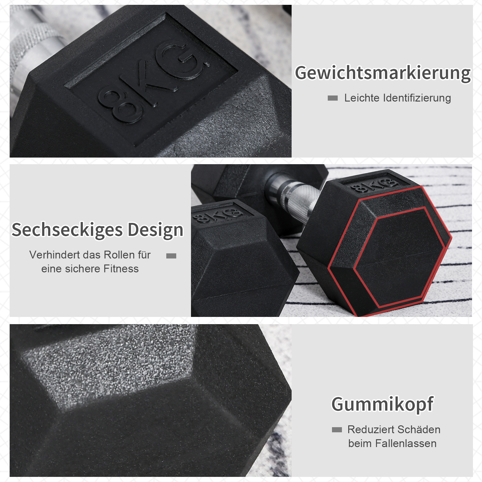 Hexagon Kurzhantel Gusseisen Hantel Gummi-Hantel Griff gerändelt Gewichte Metall Gummi schwarz 2 x 8 KG