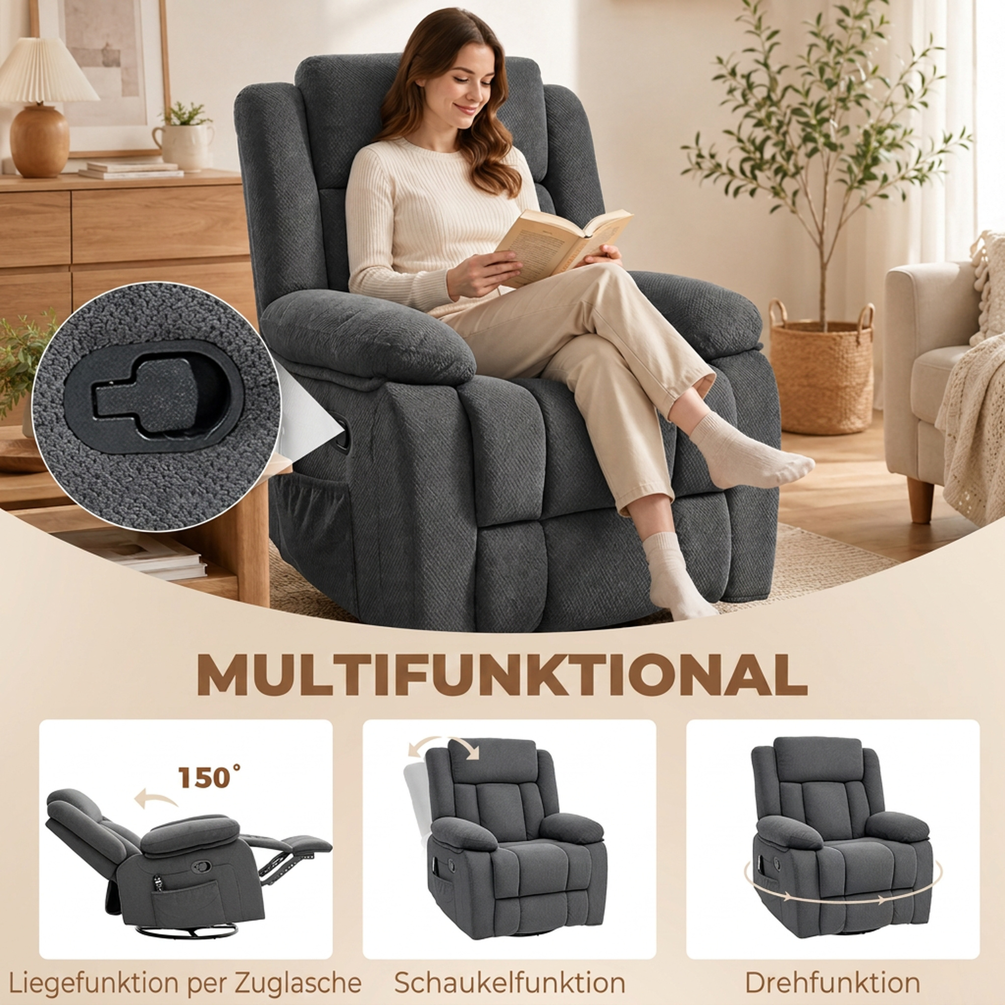 Relaxsessel mit Vibrationsmassage und Wärme, manuell verstellbarer Drehsessel mit Schaukelfunktion und Taschenfederkern, Grau