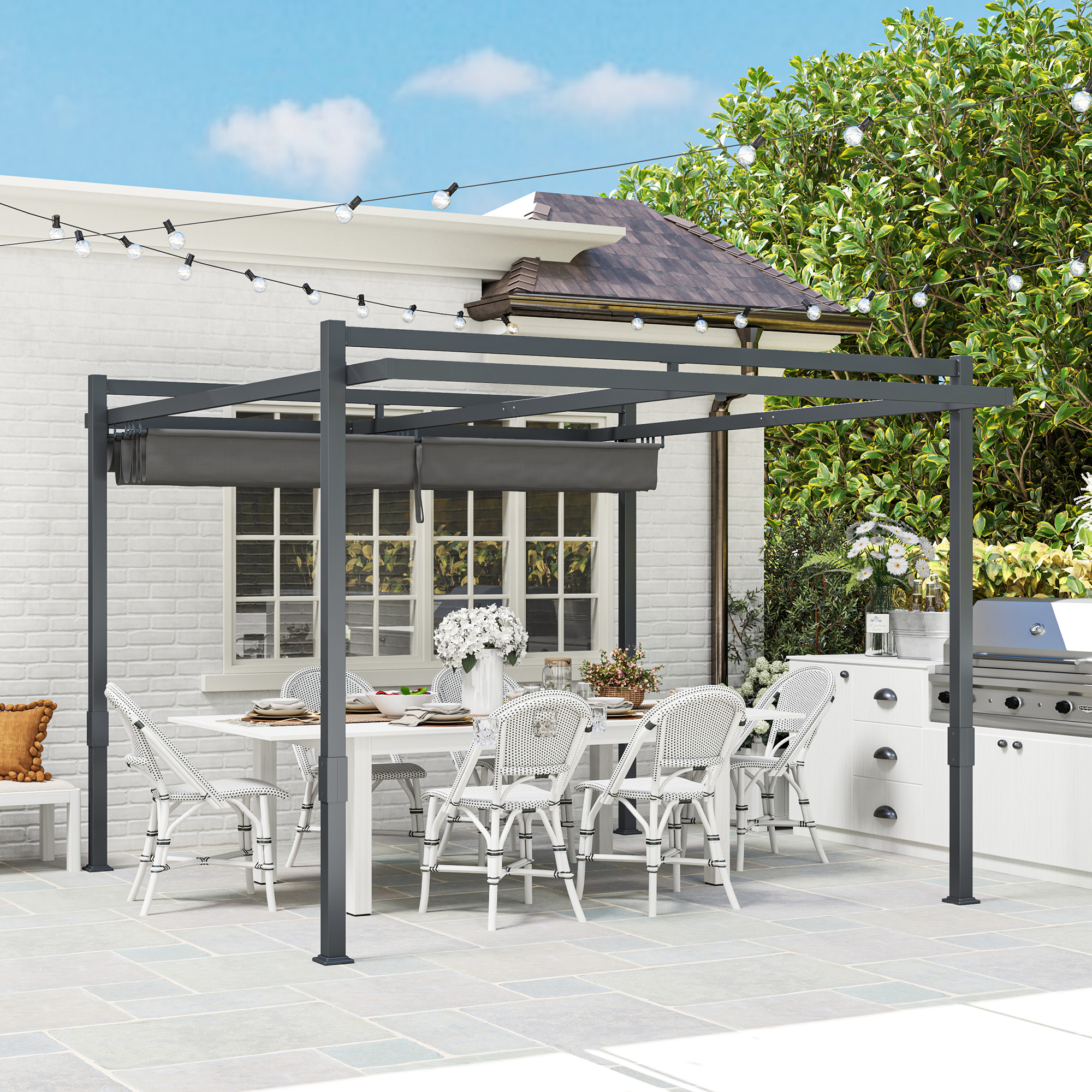 Pergola Pavillon ca. 3,5x3m Aluminium Stabil winterfest Sonnenschutz mit verstellbares Schiebedach Grau