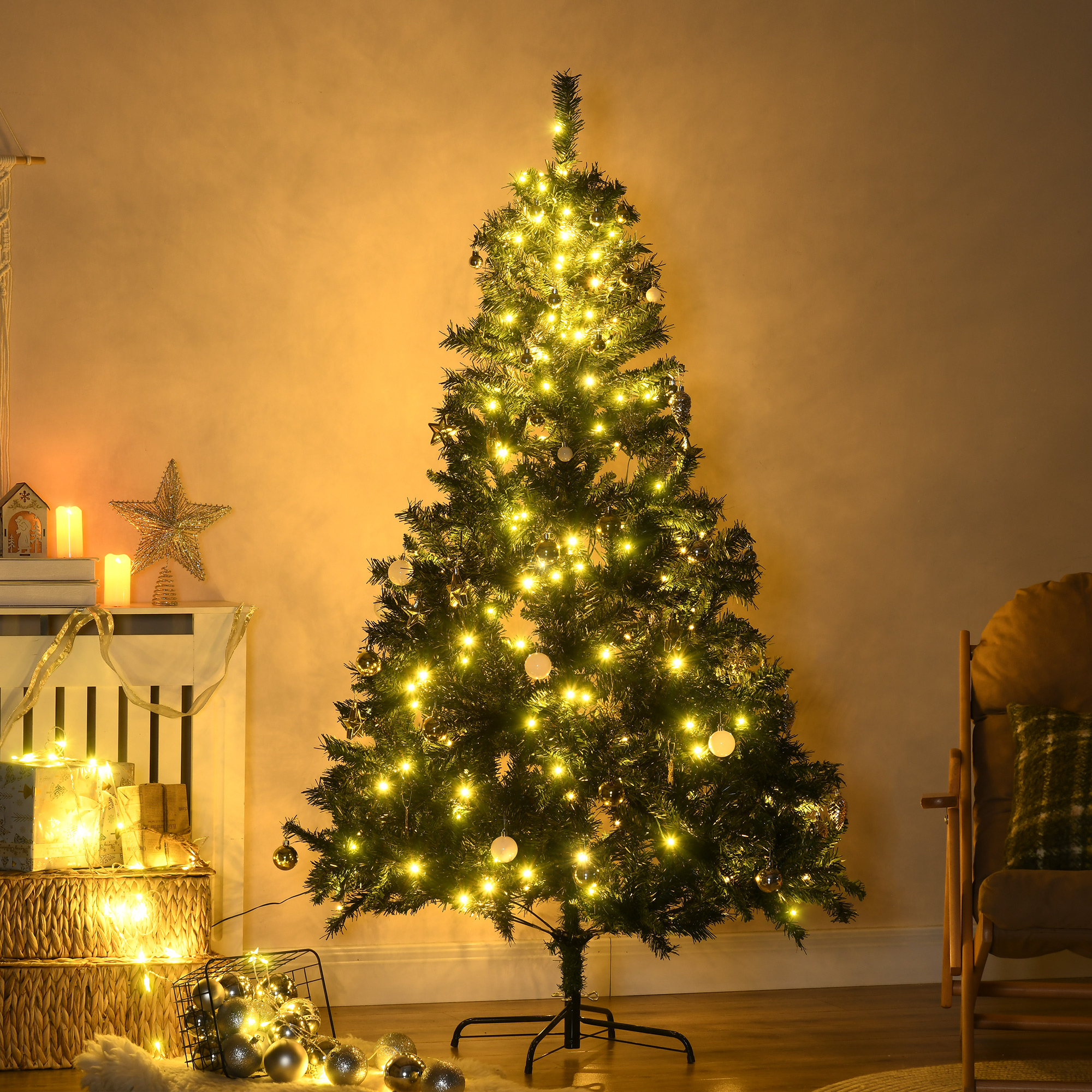 Künstlicher Weihnachtsbaum 180 cm künstlich Tannenbaum mit LED Beleuchtung, Kugeln, Christbaum mit 745 Spitzen, Weihnachtsdeko inkl. Metallständer für Drinnen