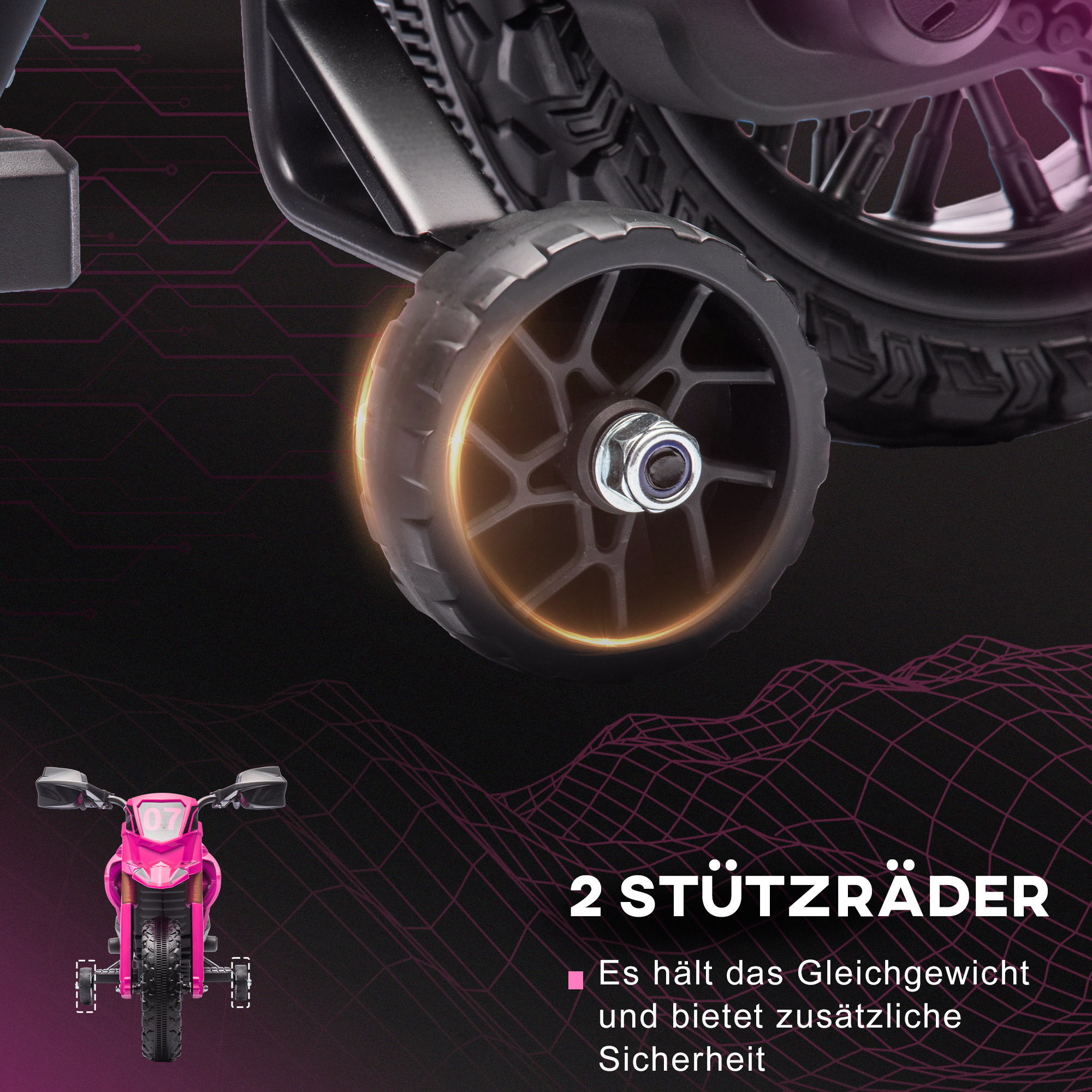 Elektro-Motorrad für Kinder, 12V Kindermotorrad mit Stützrädern, Kinderfahrzeug mit Hupe und Startgeräusch, 3 km/h, Rosa