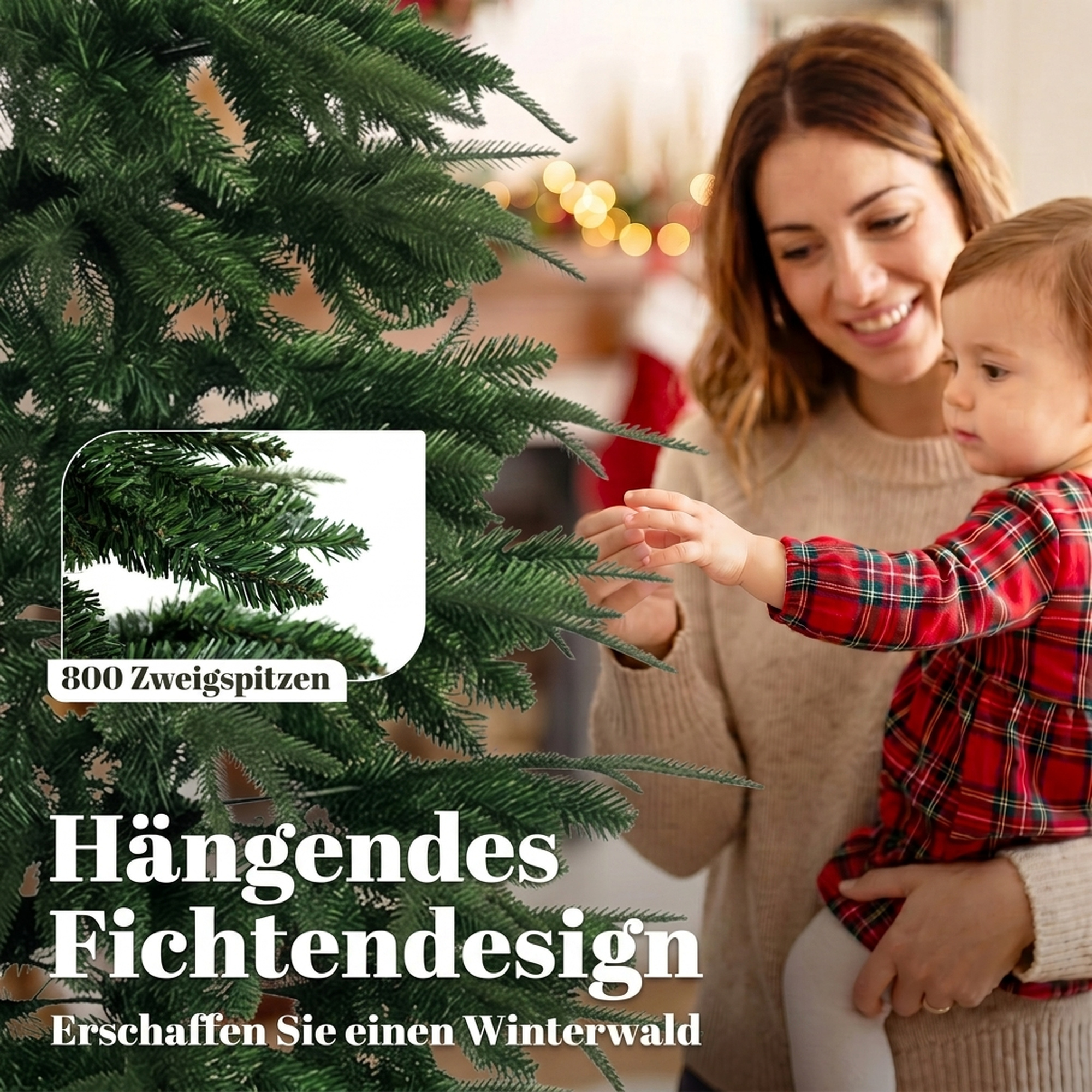 künstlicher Weihnachtsbaum 210 cm, Fichte mit Scharnierästen, 800 Astspitzen, klappbarer Stahlständer, Grün
