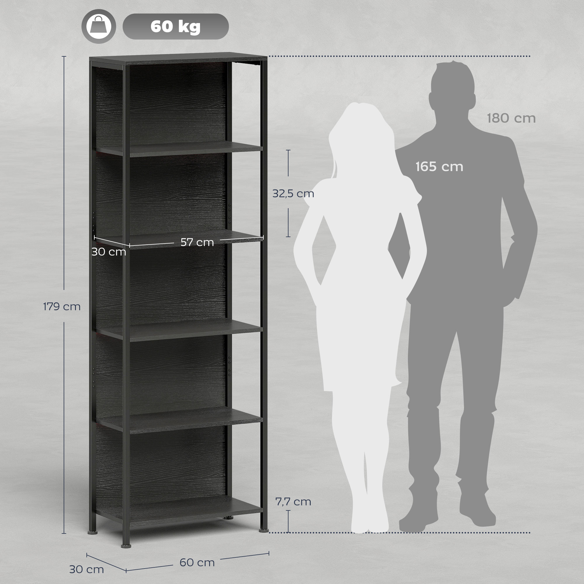 Bücherregal mit 5 Ebenen Standregal mit LED-Beleuchtung, 7 Lichtfarben, für Wohnzimmer, 60 x 30 x 179 cm Schwarz