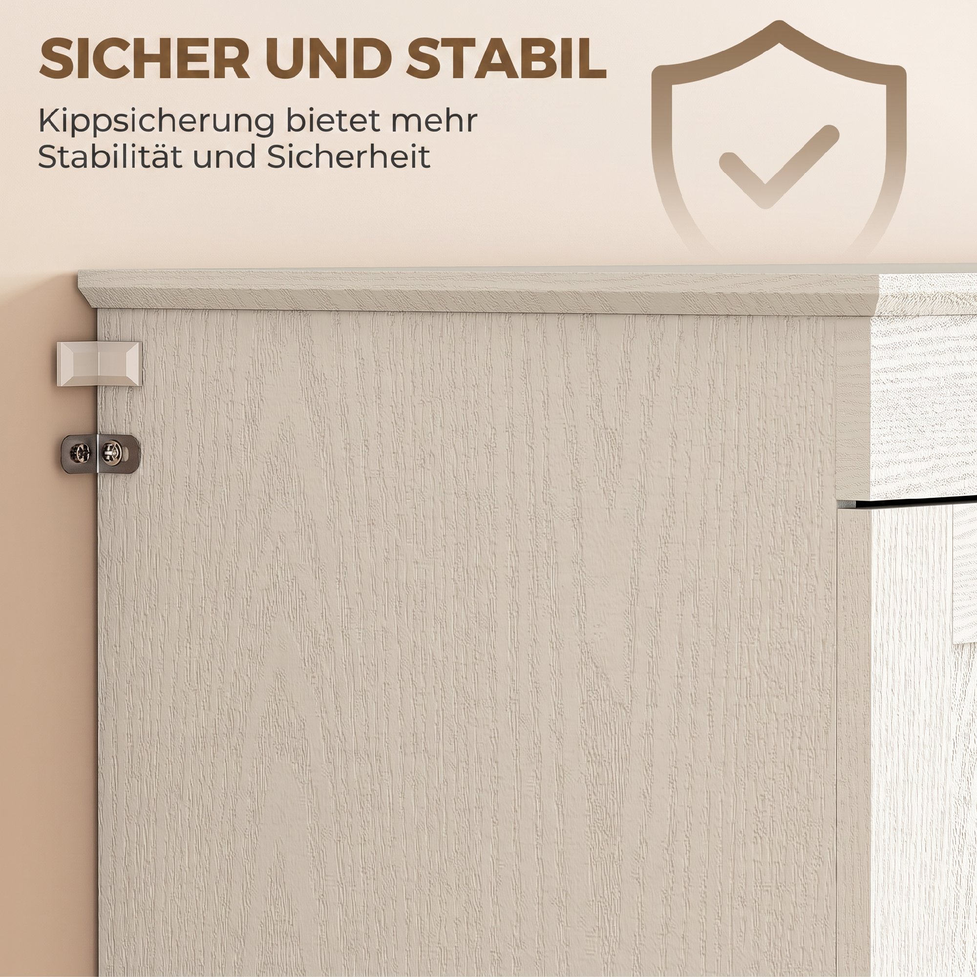 Landhaus-Küchenschrank, hoher Vorratsschrank mit verstellbaren Einlegeböden und 2 Schubladen, Cremeweiß