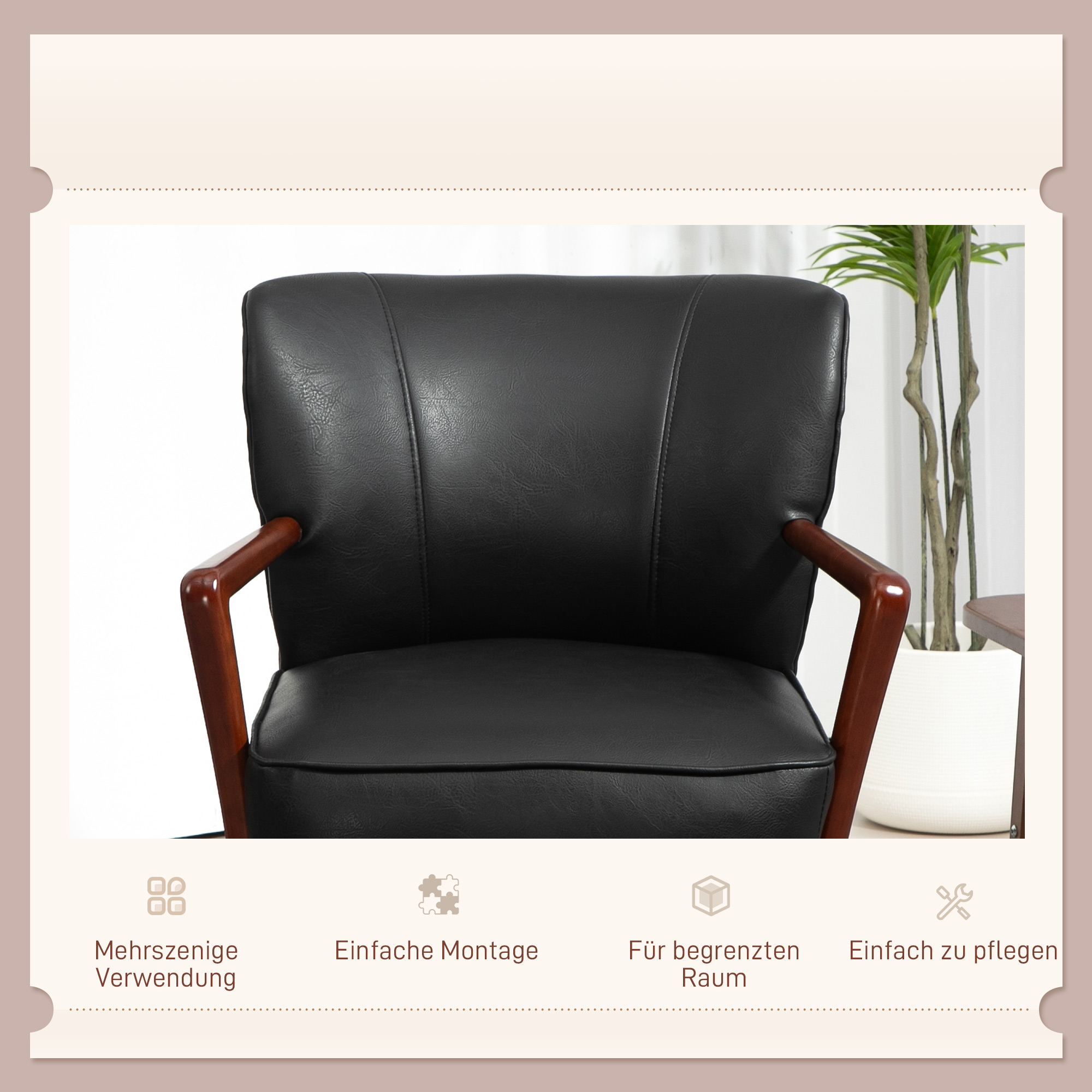 Akzentsessel, breiter Sitz, Lederoptik, Holzrahmen, bis 120 kg, 67x77x80 cm, Schwarz