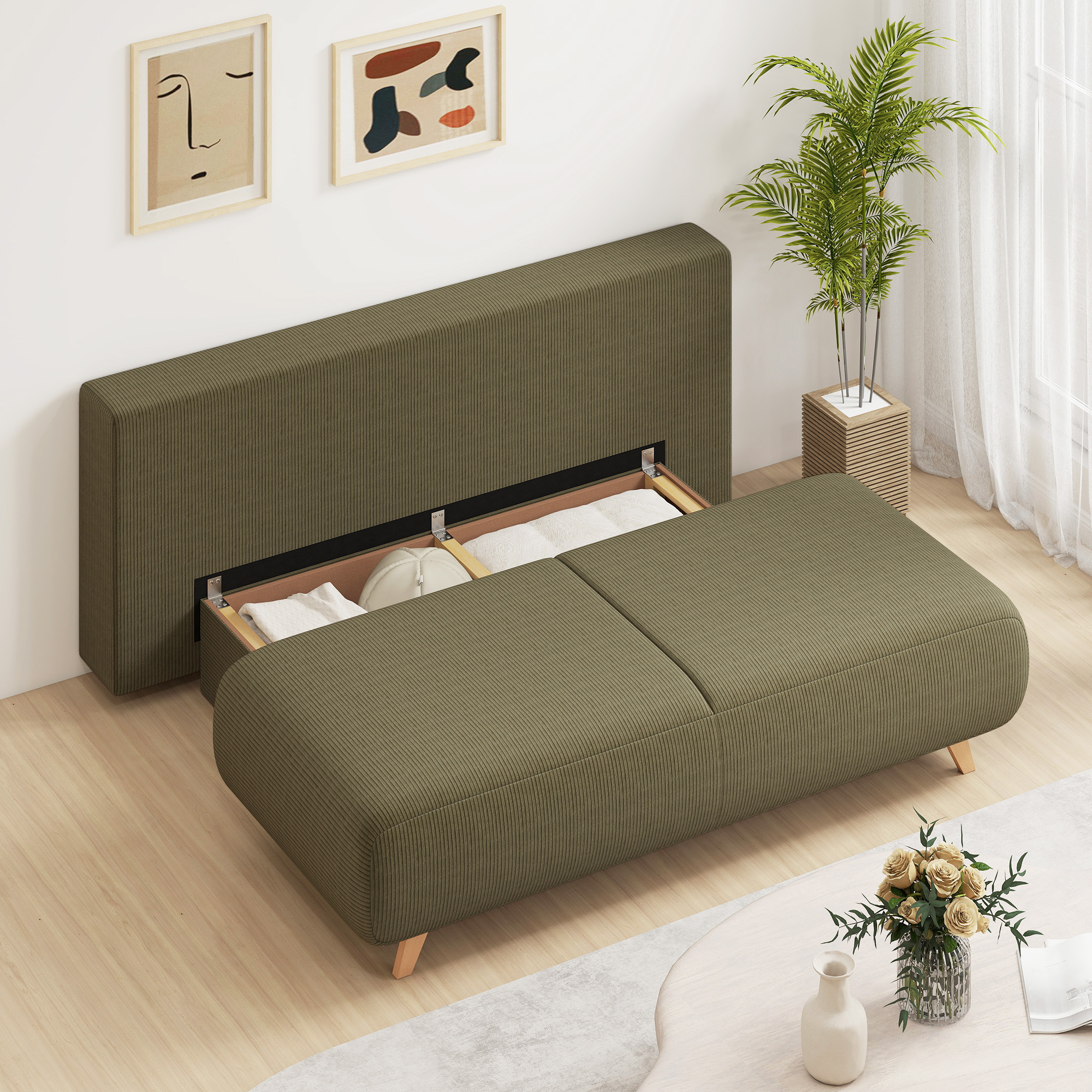 Schlafsofa mit verstellbarer Rückenlehne, Bettfunktion, verstecktem Stauraum und Cordbezug, Dunkelgrün