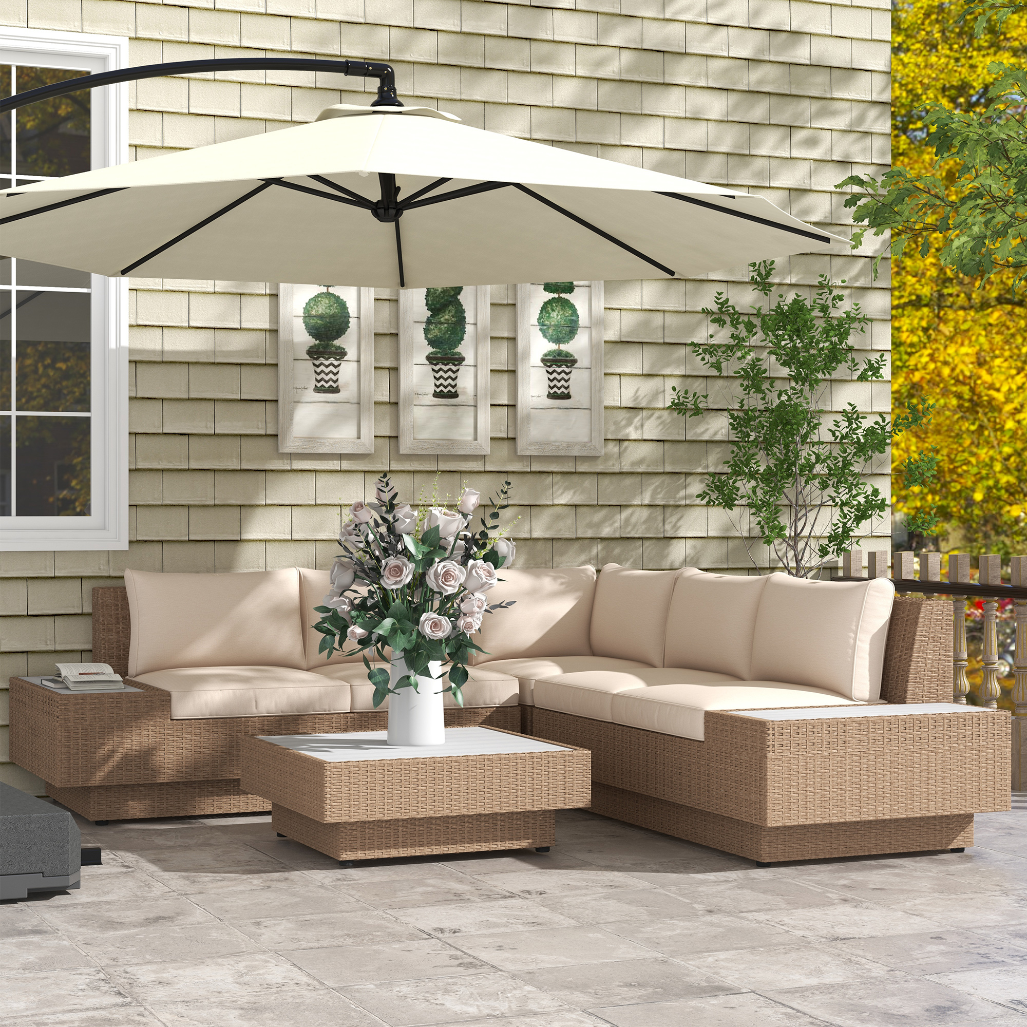 4-tlg, Luxus Polyrattan Gartengarnitur Gartenmöbel Garten-Set Sitzgruppe Loungeset Loungemöbel inkl, Ablagen und Beistelltisch Sitzkissen Braun