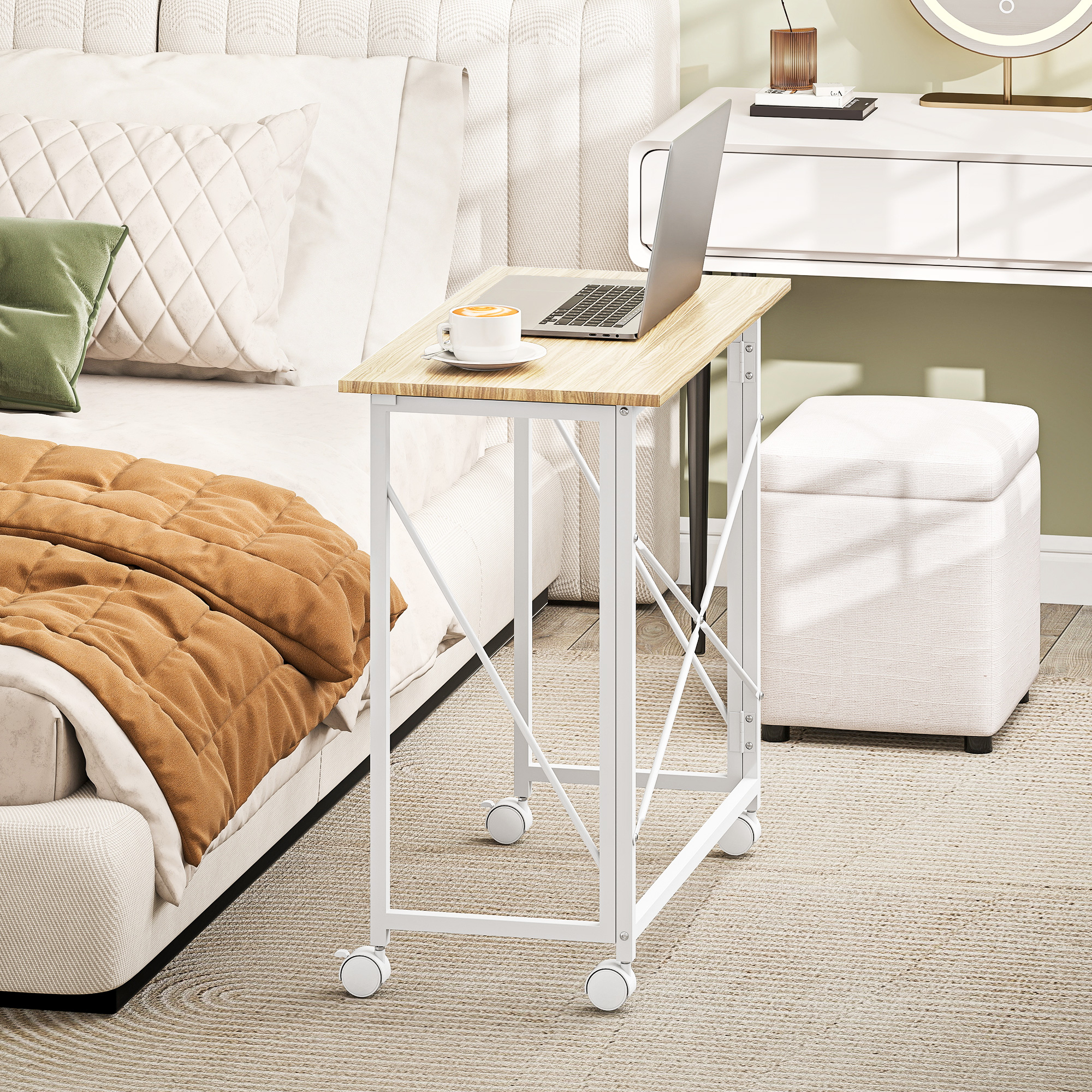 Klappbarer Schreibtisch mit Rädern, platzsparend, Stahl, MDF, Natur