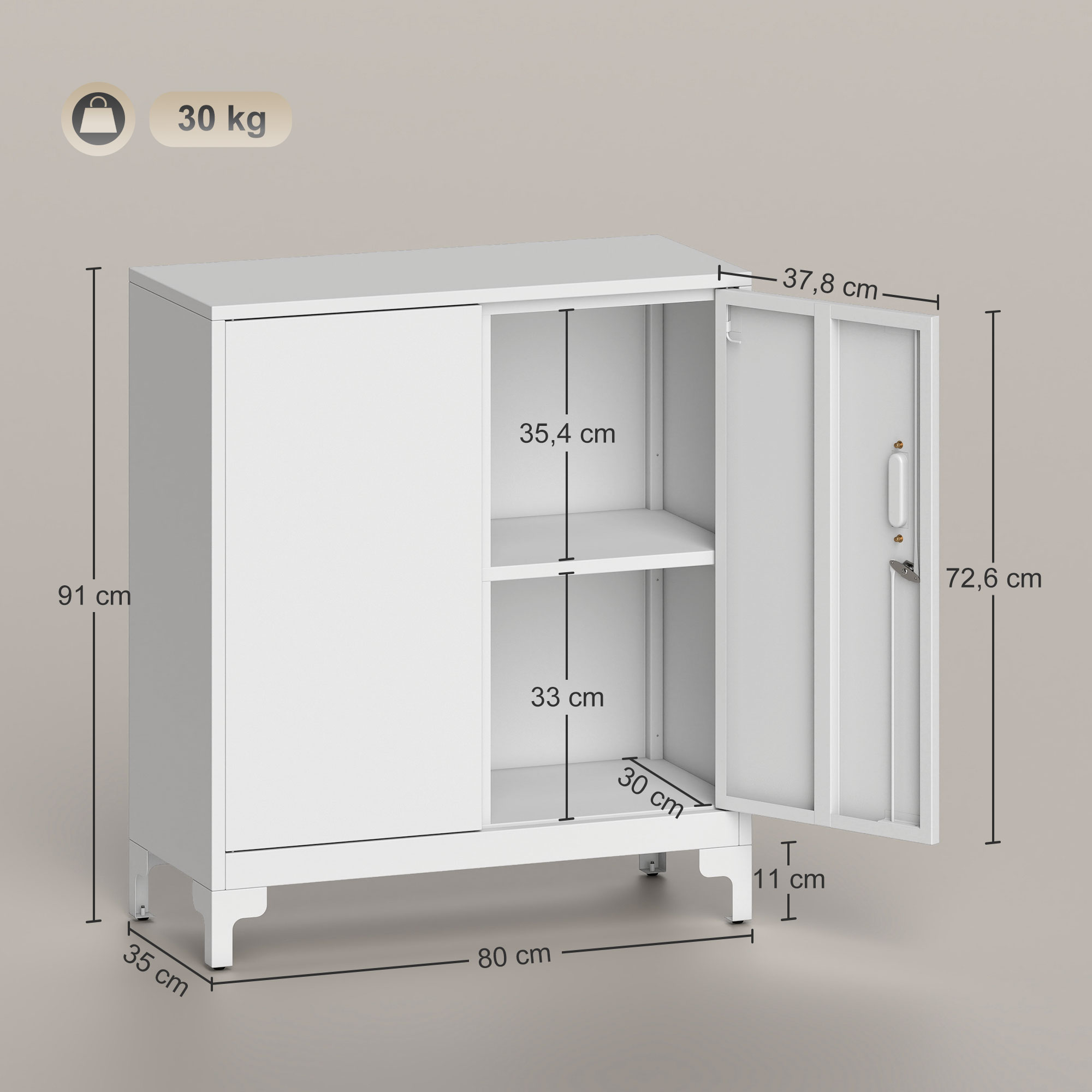 Büroschrank aus Metall, verschließbare Türen, Bürokommode, 2-stufiges Design, Weiß