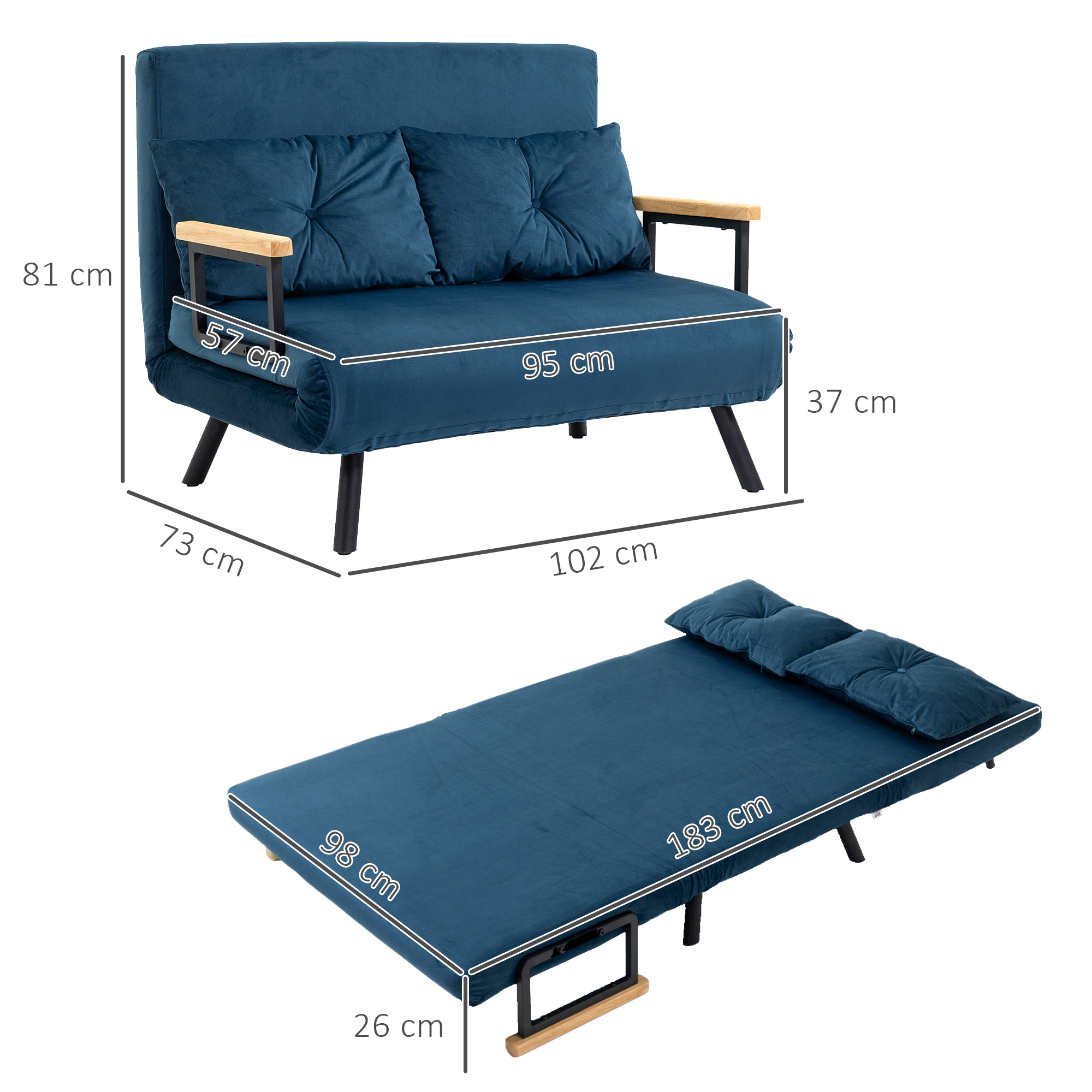 Schlafsofa 2er-Sofa Samtsofa, Schlaffunktion, inkl. 2 Kissen, Samtoptik, Natur + Blau