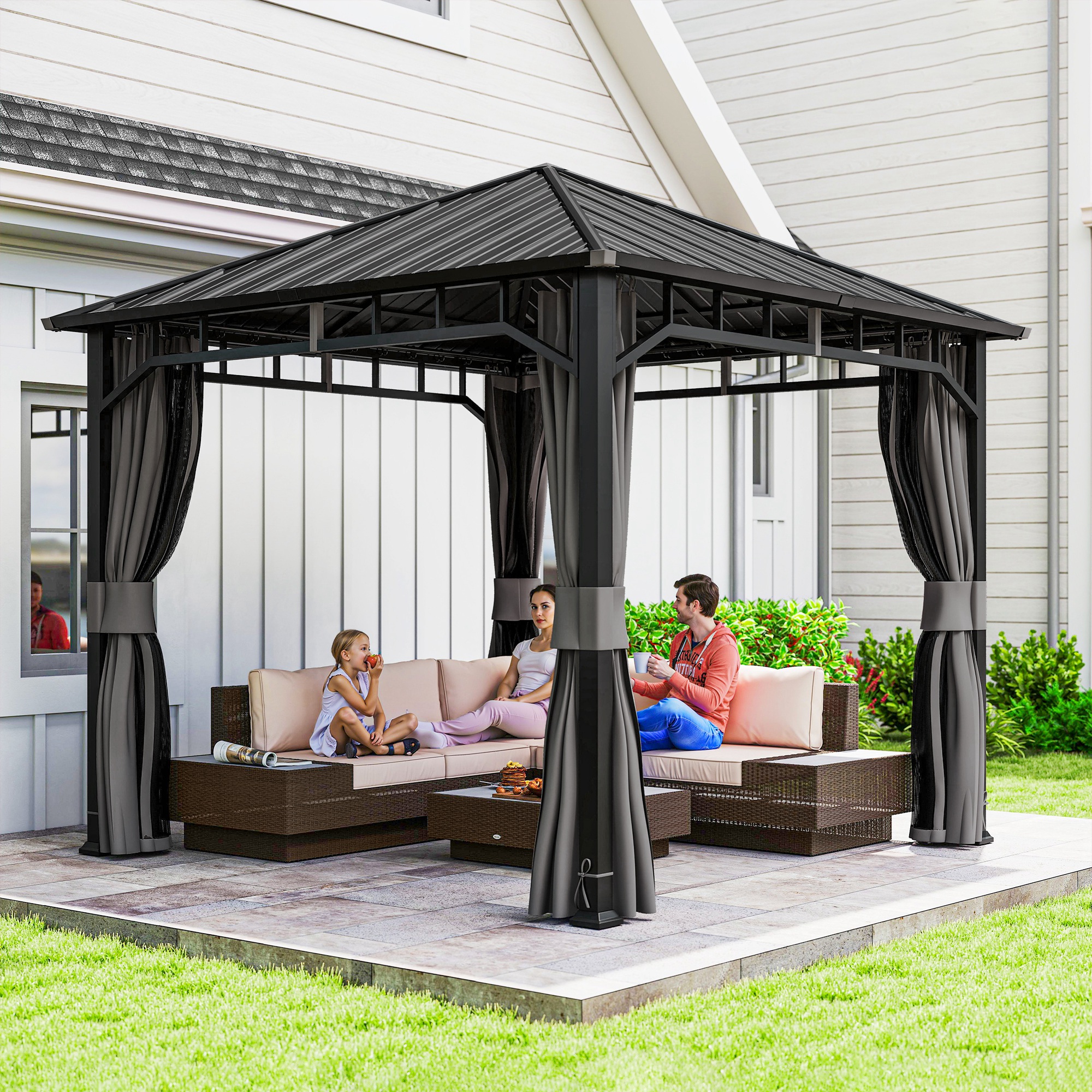 Pavillon 3 x 3 m Wasserdicht Stabil Winterfest Gartenpavillon mit Seitenteile, Netze, Haken Hardtop Dunkelgrau