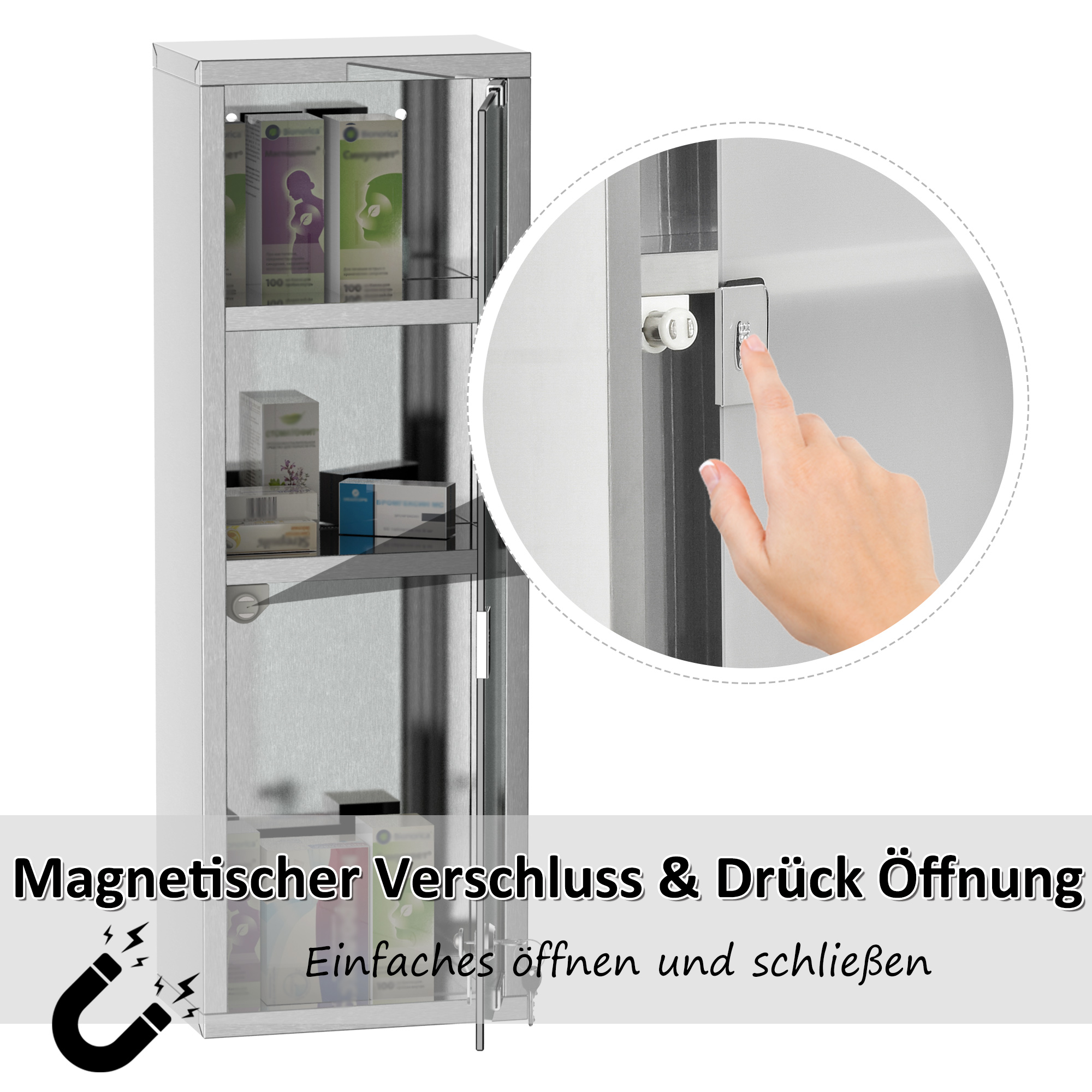 Medizinschrank aus Edelstahl und gehärtete Glastür Arzneischrank zur Medikamenten-Aufbewahrung, Abschließbar Medikamentenschrank mit 3 Fächern, Erste Hilfe Schrank, 20 x 12 x 58 cm, Silber