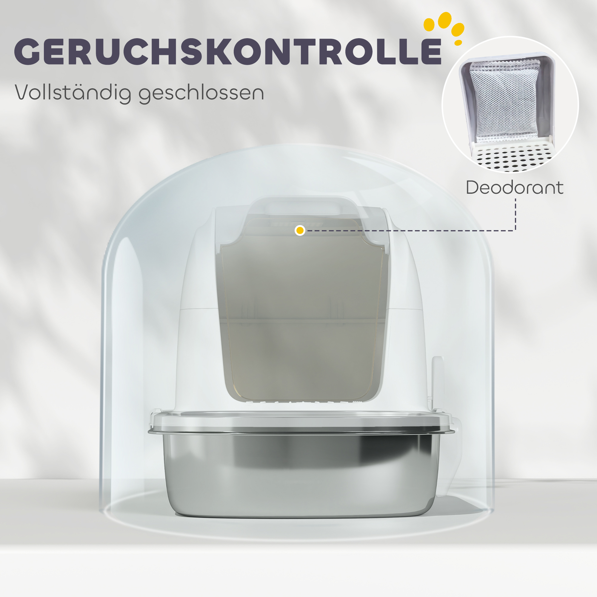 Katzenklo Edelstahl mit Deckel, Katzentoilette mit Wanne, Streuschaufel, für Katze unter 5 kg, 52,4 x 41,3 x 42 cm, Weiß