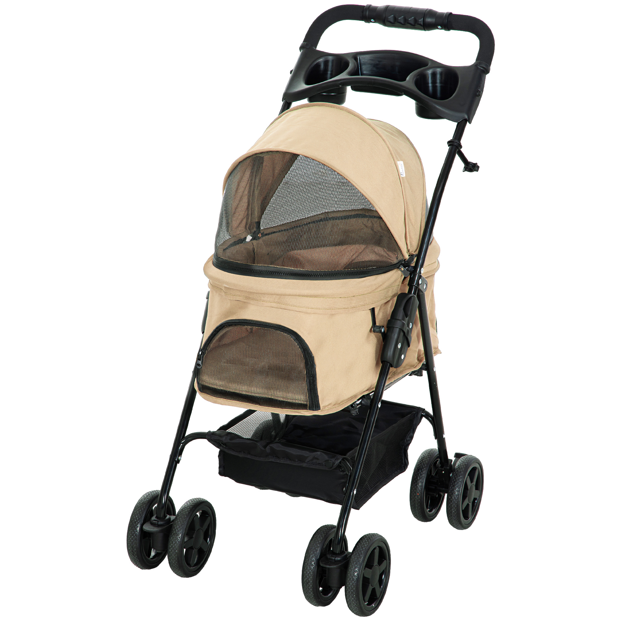 Hundewagen Hundebuggy, klappbar, 2 Sicherheitsleinen, 2 Becherhalter,  67 x 45 x 96 cm, Khaki