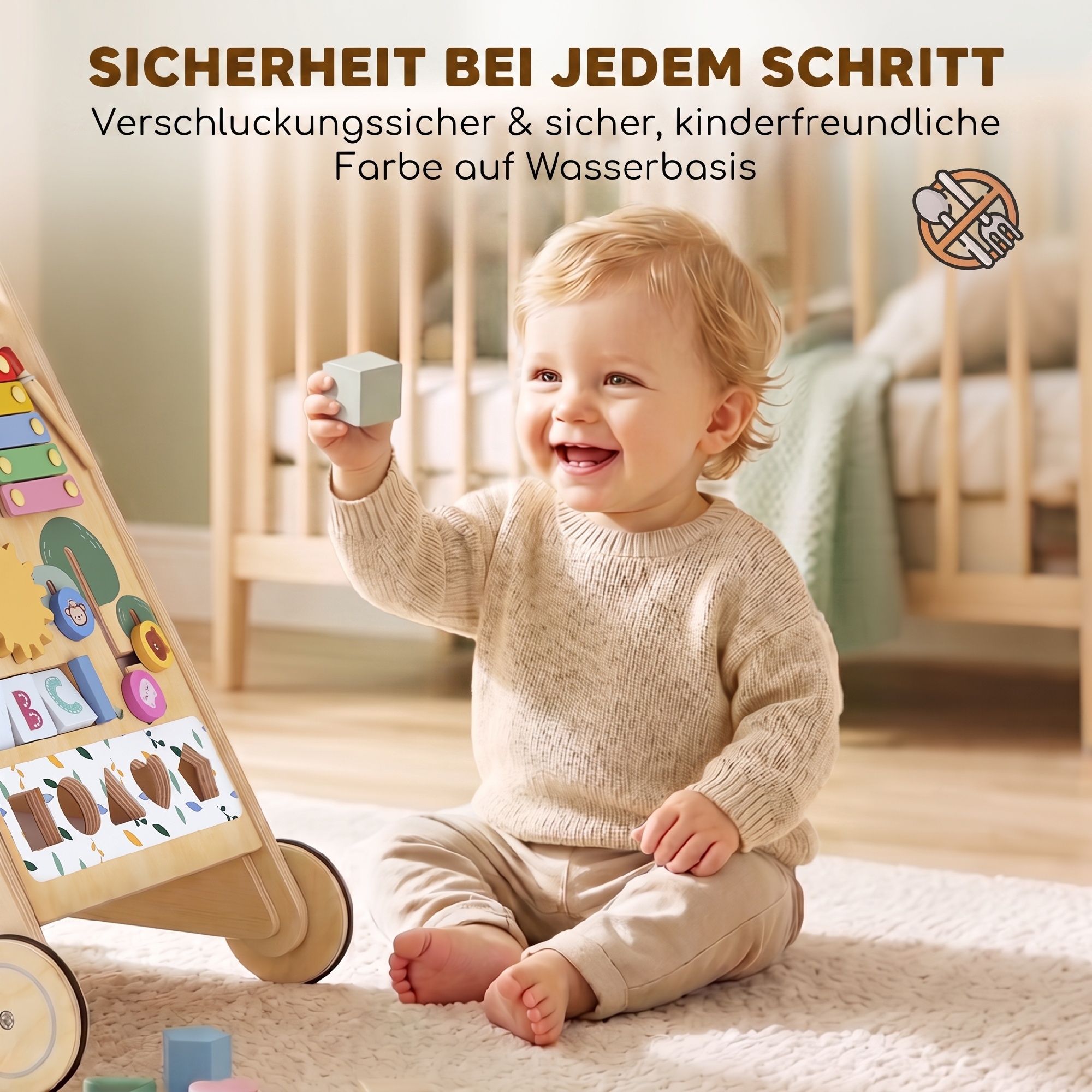 Baby Lauflernwagen Holz Lauflernhilfe mit Rädern regulierbarer Geschwindigkeit Bauklötze für Kleinekinder ab 18 Monaten