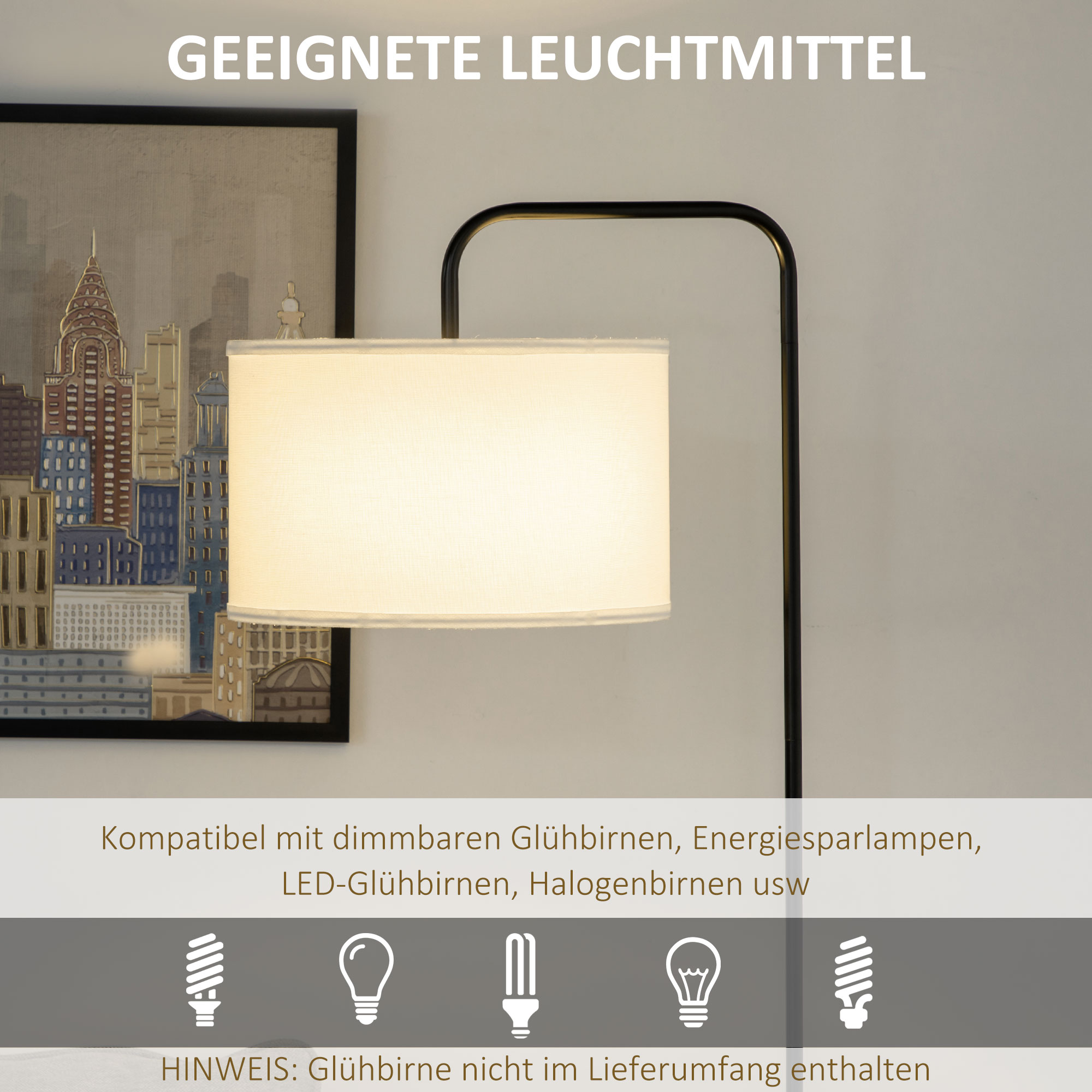 Stehlampe mit Fußschalter, Bodenlampe mit Stoffschirm, Stahl, Weiß