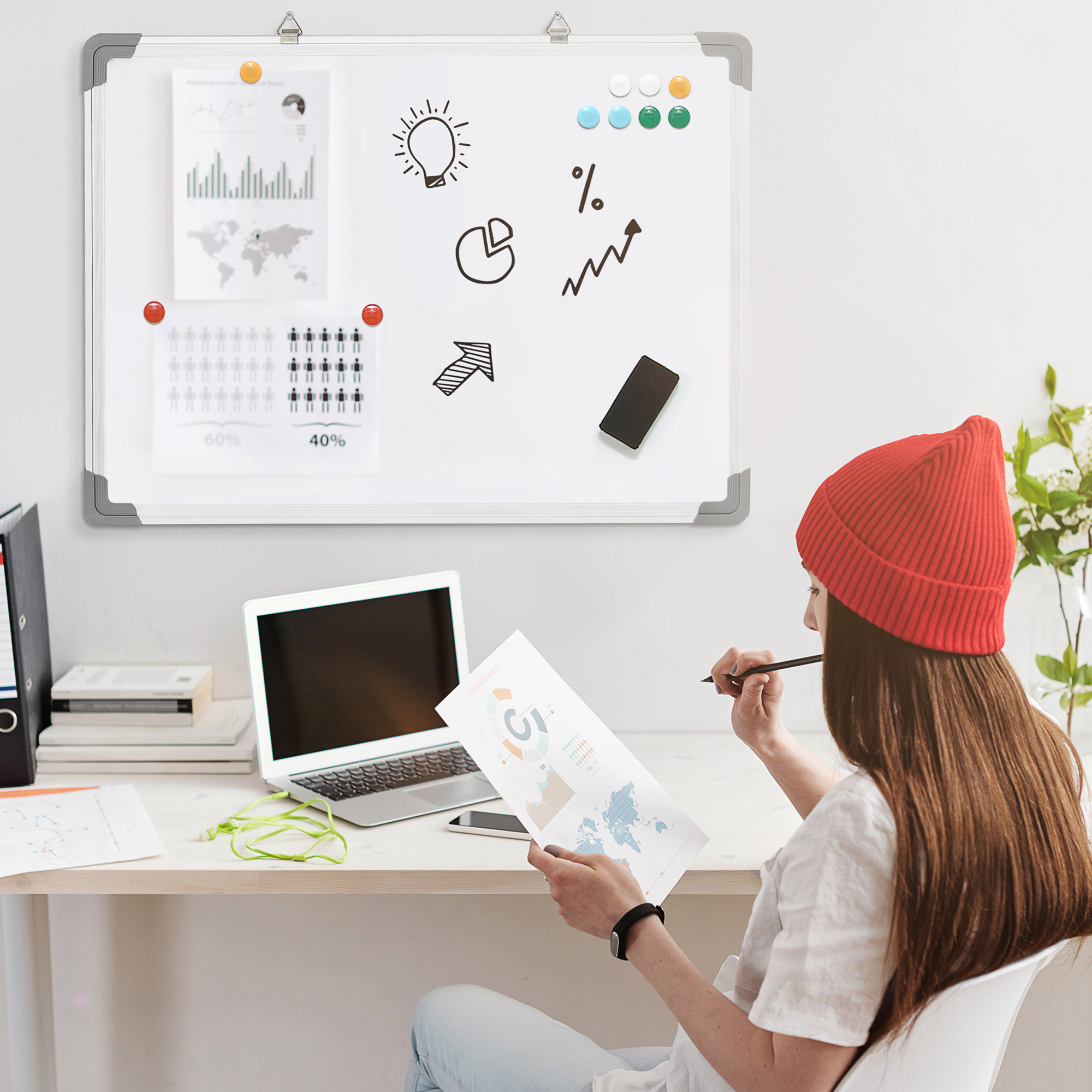 Whiteboard Magnettafel, leicht abwischbar, mit 4 Markern, 10 Magneten, 1 Radierer, 60 x 1,8 x 45cm