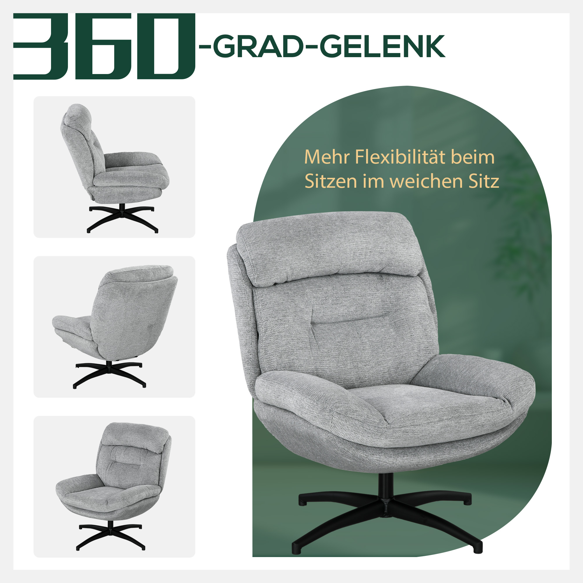 Drehsessel, 360-Grad-Drehung, Chenille-Stoff, integrierte Armlehnen, Stahlbeine, Grau, Schwarz