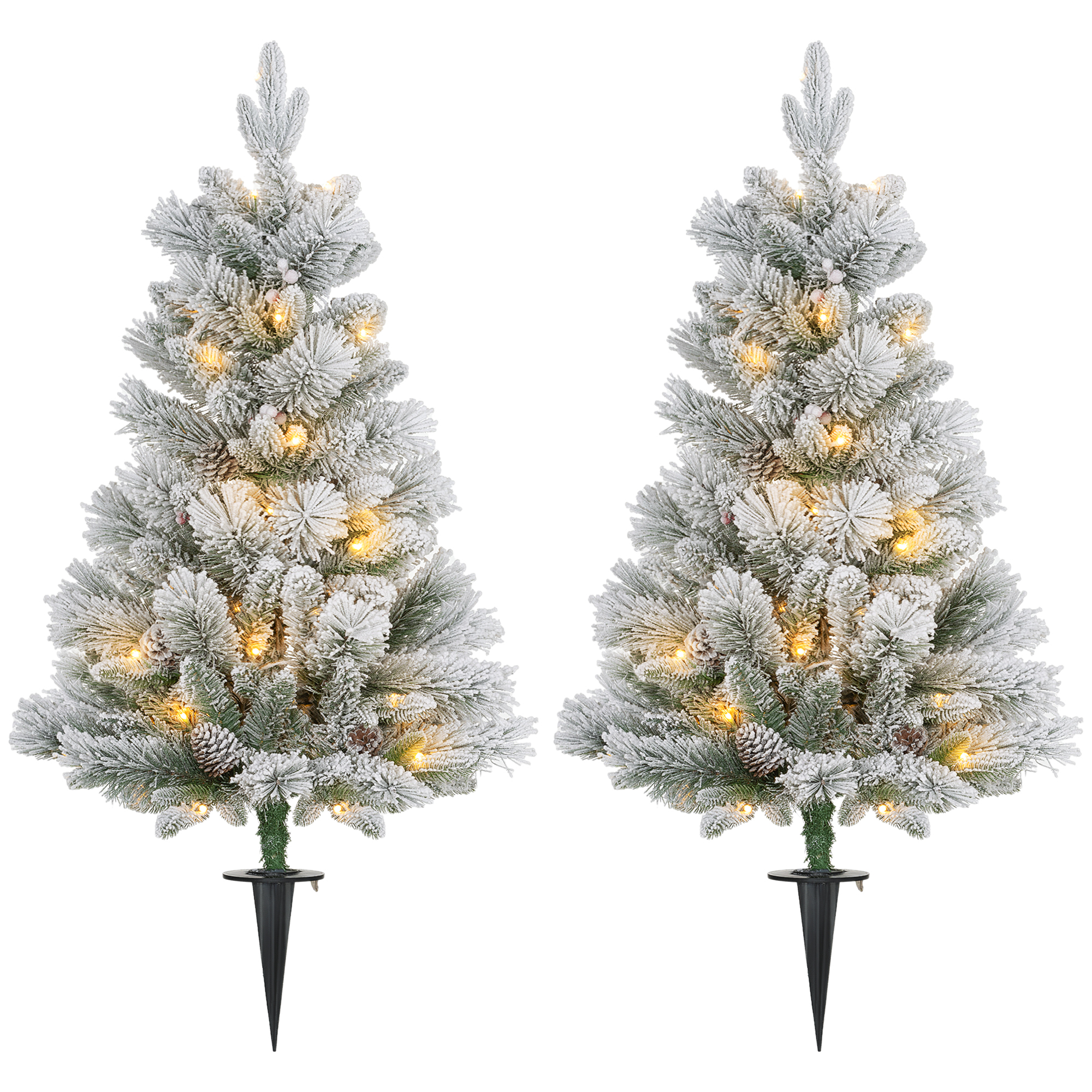 Weihnachtsbaum mit LED-Beleuchtung, 2er-Set, 107 cm, Tannenzapfen, rote Beeren, feuersicher, Grün/Weiß