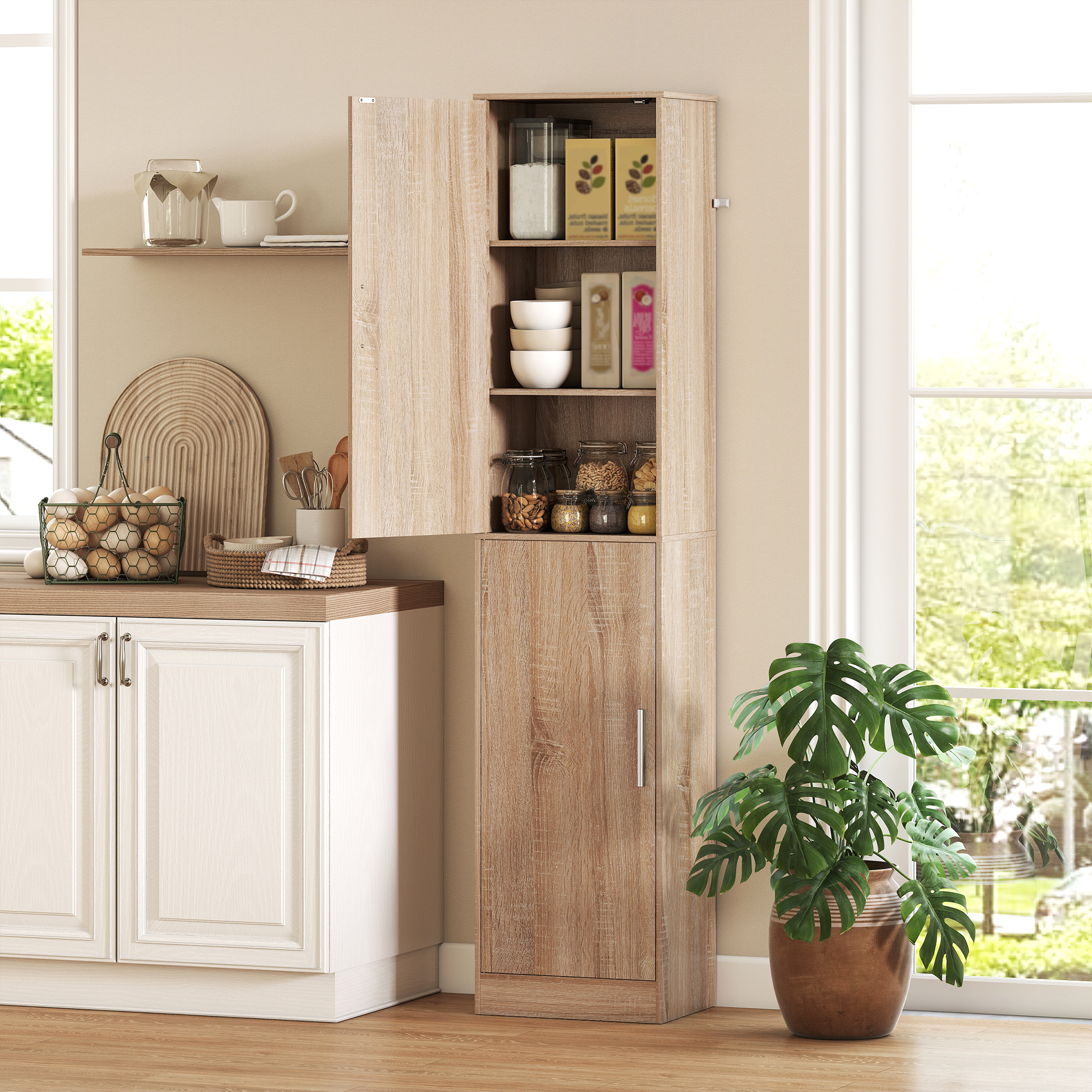 180 cm hoher Badezimmerschrank, schmaler Badschrank mit 2 Türen, 4 verstellbare Regale, Spanplatte, MDF, Naturholz