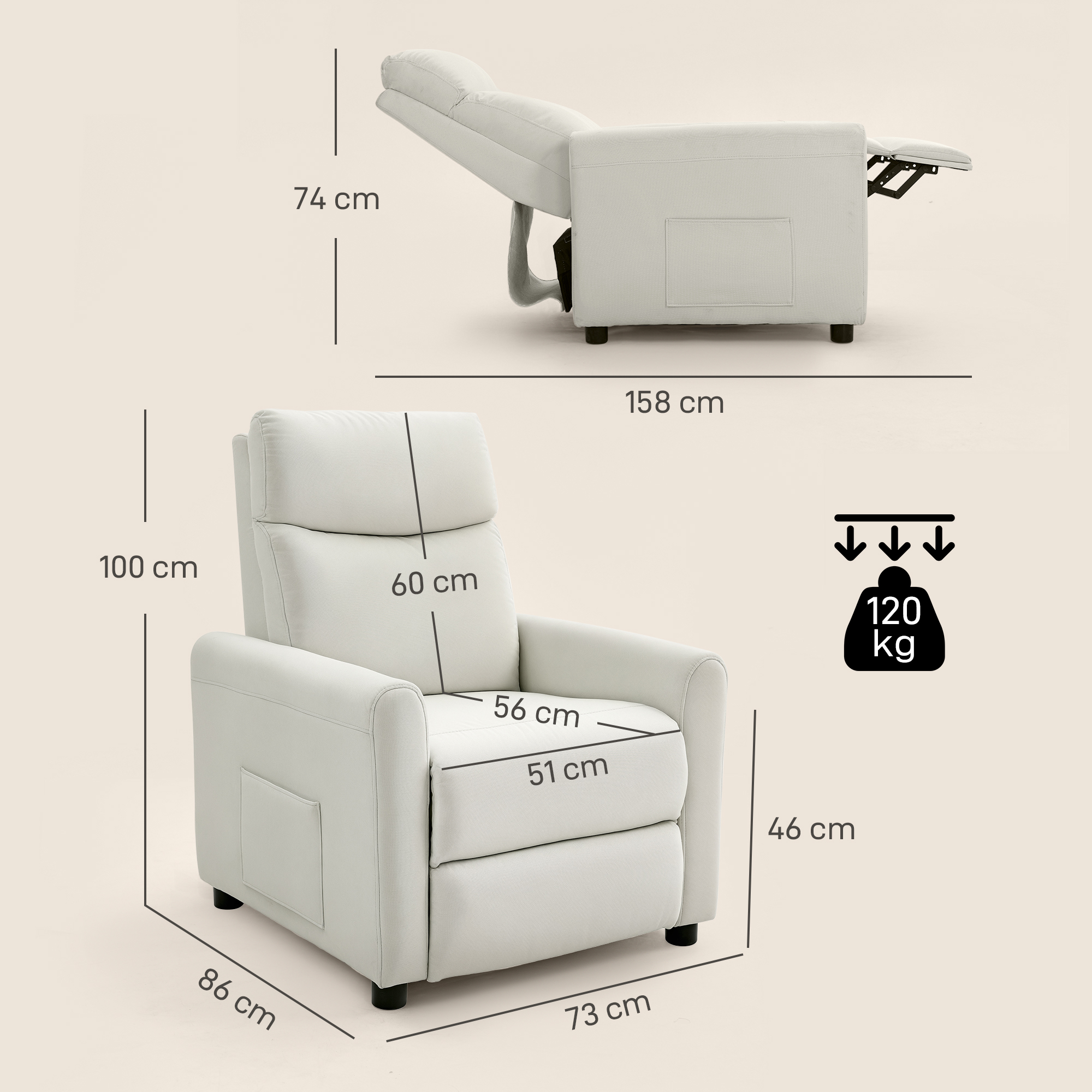 Relaxsessel Fernsehessel mit Liegefunktion, TV Sessel mit Taschenfedern, Fußstütze, Stoff in Leinenoptik, Cremeweiß