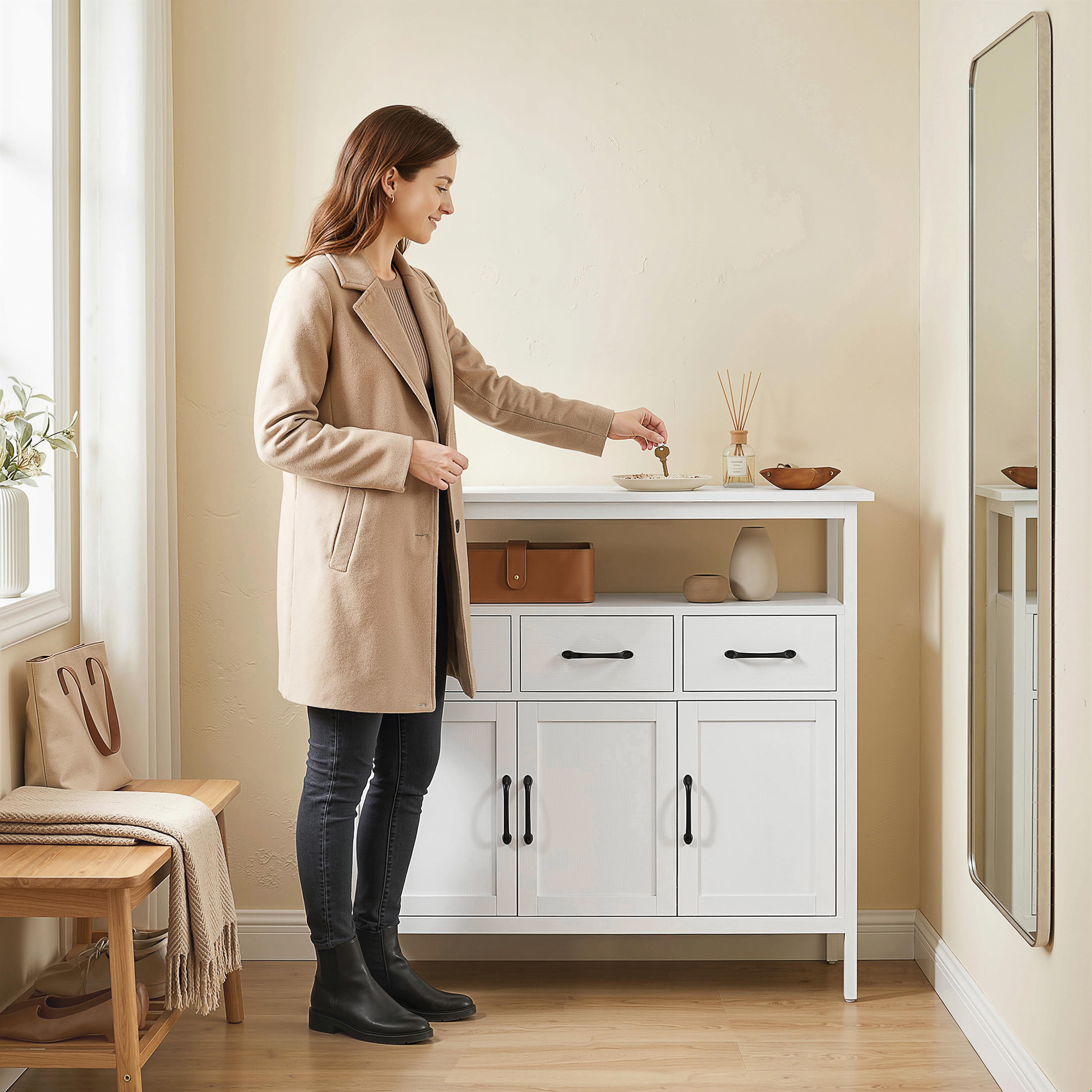 Sideboard mit verstellbaren Einlegeböden, Buffet-Schrank mit 3 Schubladen, 3 Türen , 95 cm, Weiß