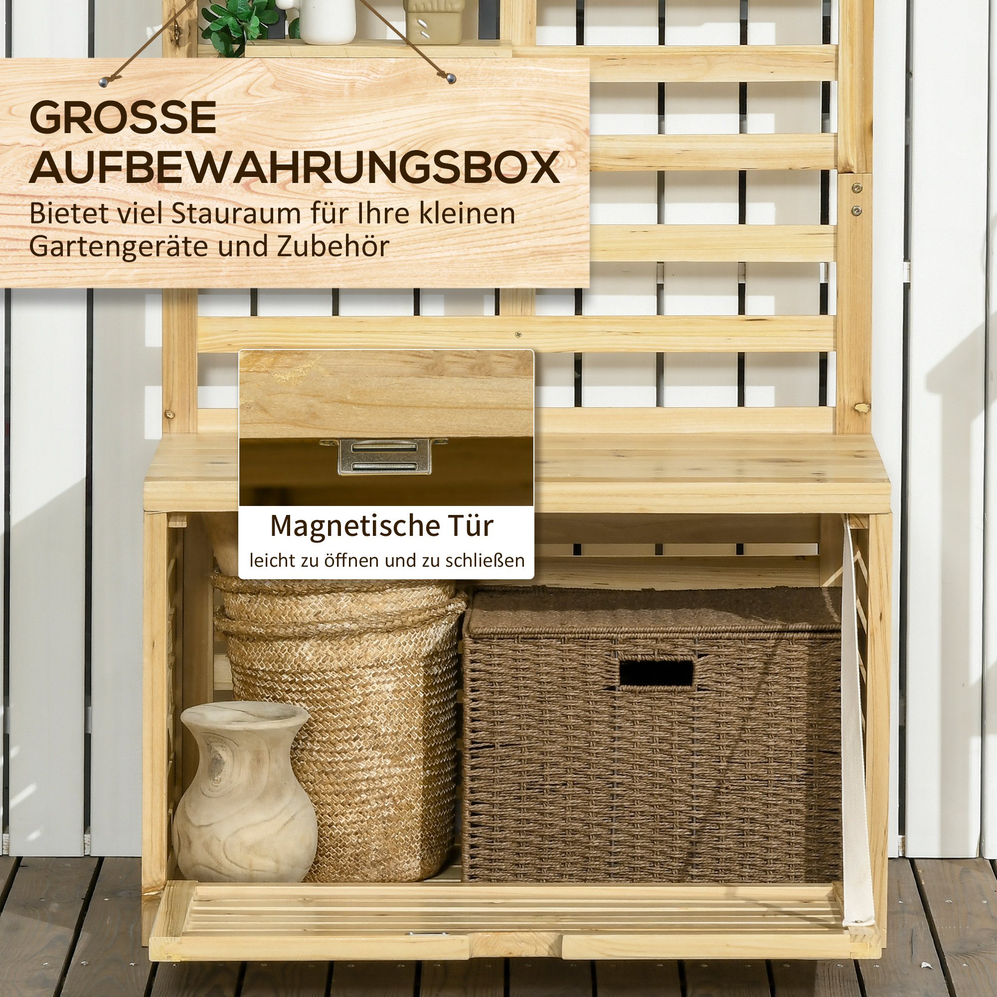 Aufbewahrungsbox mit Spalier, 4 Hängeregale, Magnettür, Massivholz, Natur, 80 x 45 x 160 cm