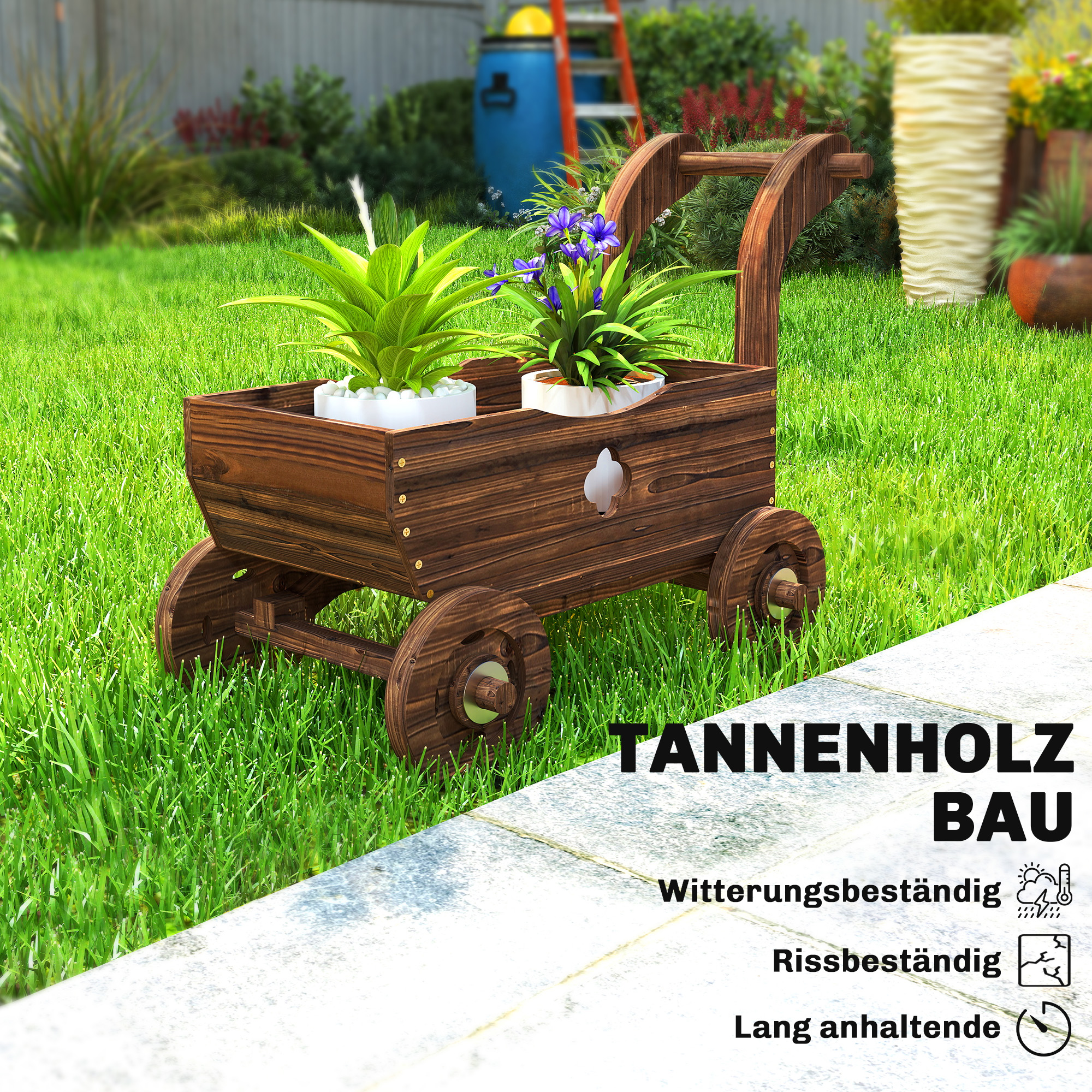 Hochbeet Holz, Pflanzbeet in Wagenform Frühbeet mit 4 Rädern Griff Gartenbeet 68 x 38 x 52cm