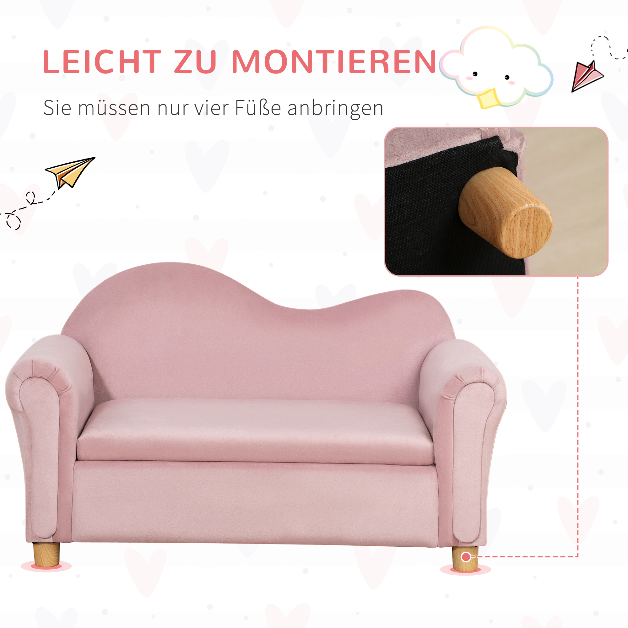 Kindersofa, Zweisitzer für Kinder 3-5 Jahre, Stauraum, Naturholzrahmen, 84 x 41,5 x 48,5cm, rosa