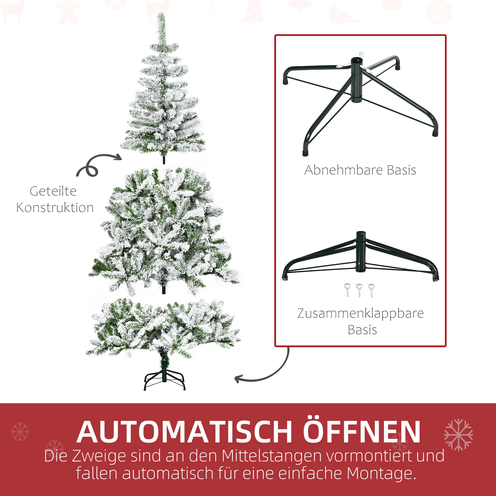 Künstlicher Weihnachtsbaum, Schnee-Effekt, flammenhemmend, Scharnierkonstruktion, Grün/Weiß