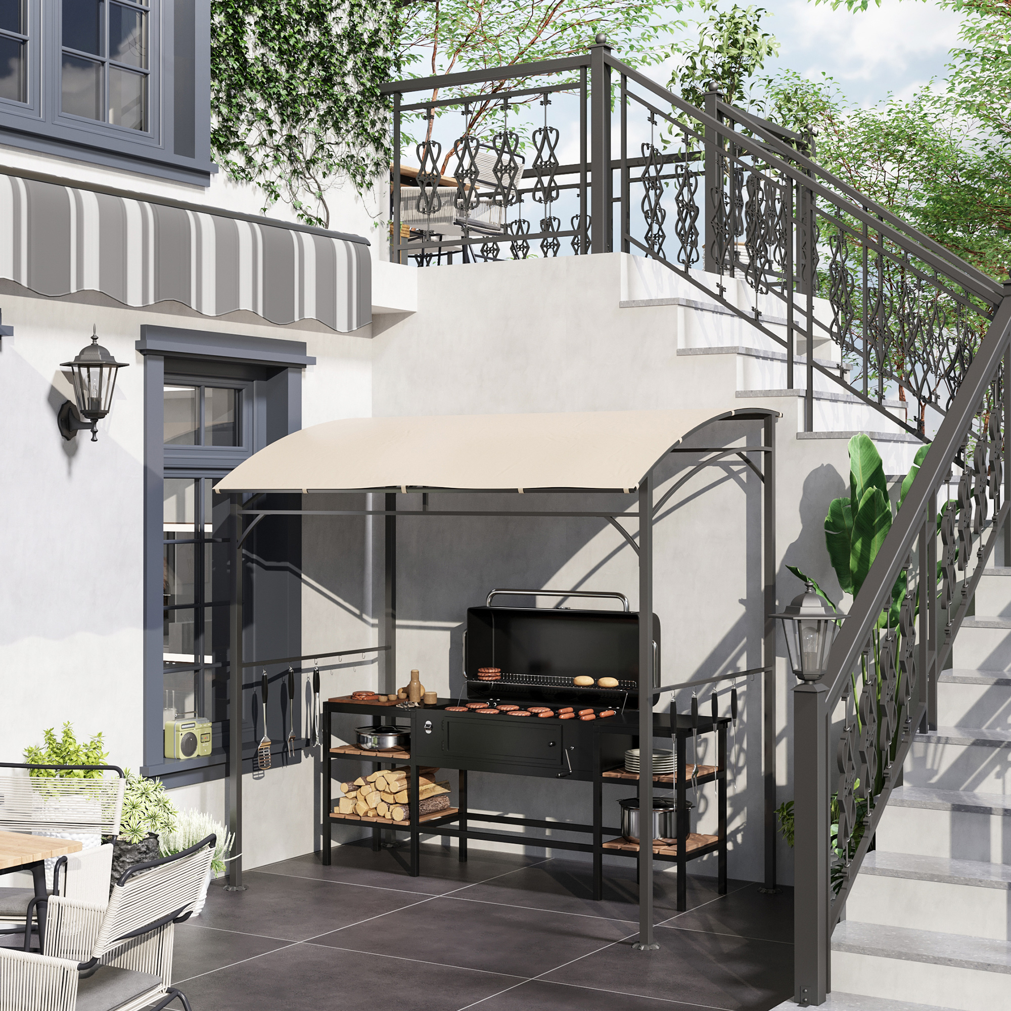 Grillpavillon, Grillüberdachung, Regenschutz, Haken für Utensilien, Stahlrahmen, Beige+Schwarz, 215 x 150 x 182/220 cm